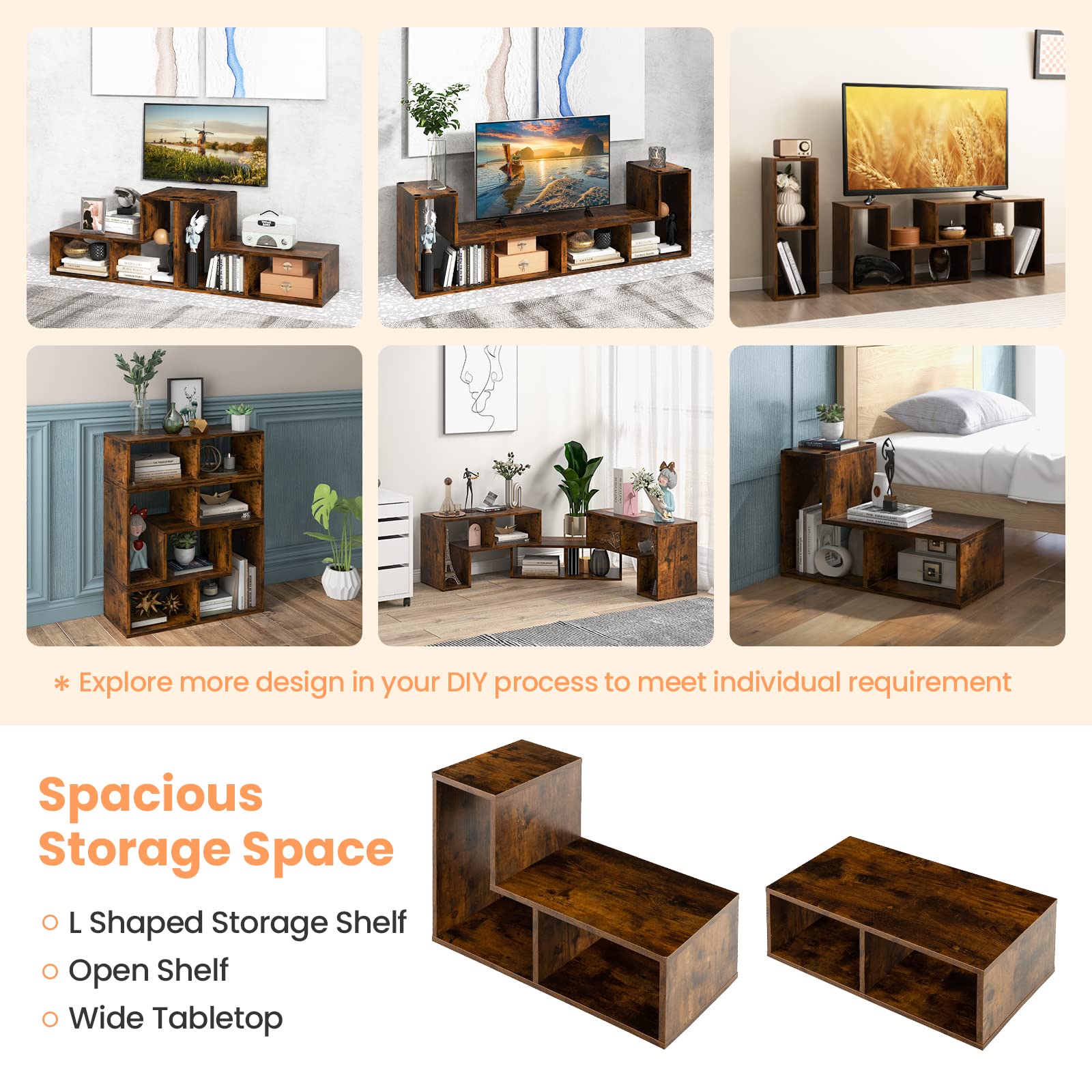 Tangkula 3-Piece Modular TV Stand for 50-65 Inch TVs - Modern Entertainment Center with Open Storage Shelves, DIY Combination Console for Living Room (Brown) | Perfect for Home Theater Setup & Living Room Organization
