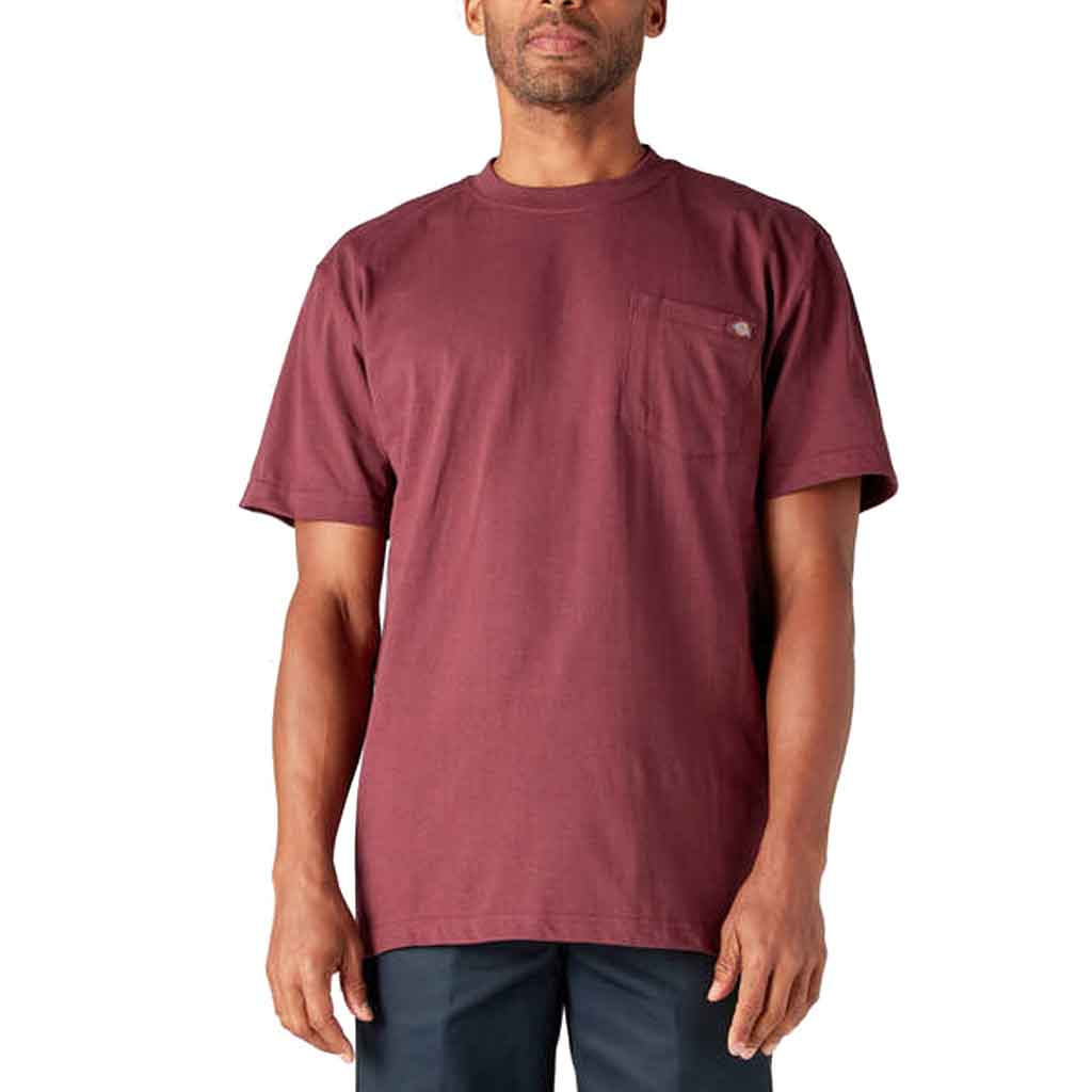 Dickies Heavy Weight Crew Pocket Tee - Burgundy Red Cotton Work Shirt for Men - Durable Casual Wear for Construction, Warehouse & Outdoor Activities