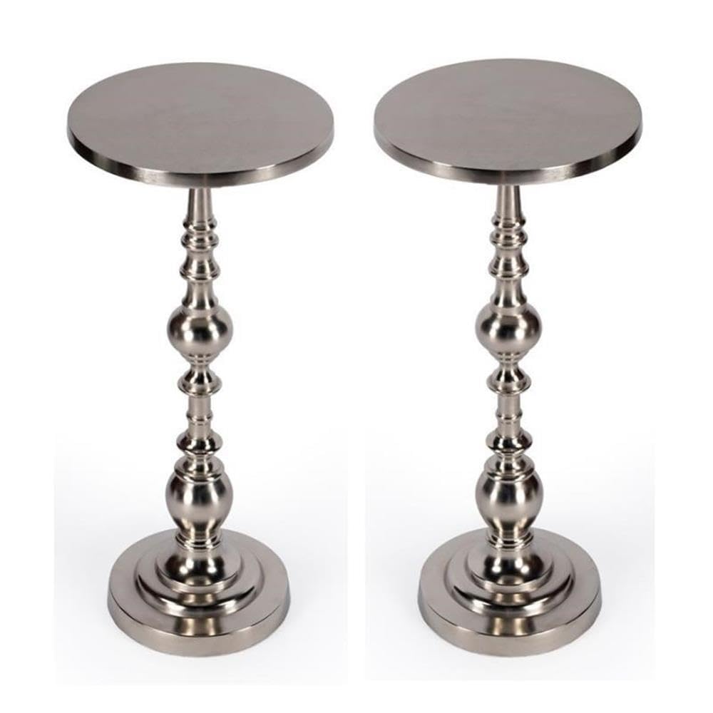 Home Square Silver Round Nickel Pedestal End Table Set of 2 - Modern Living Room Side Tables for Sofa, Bedroom & Office Decor