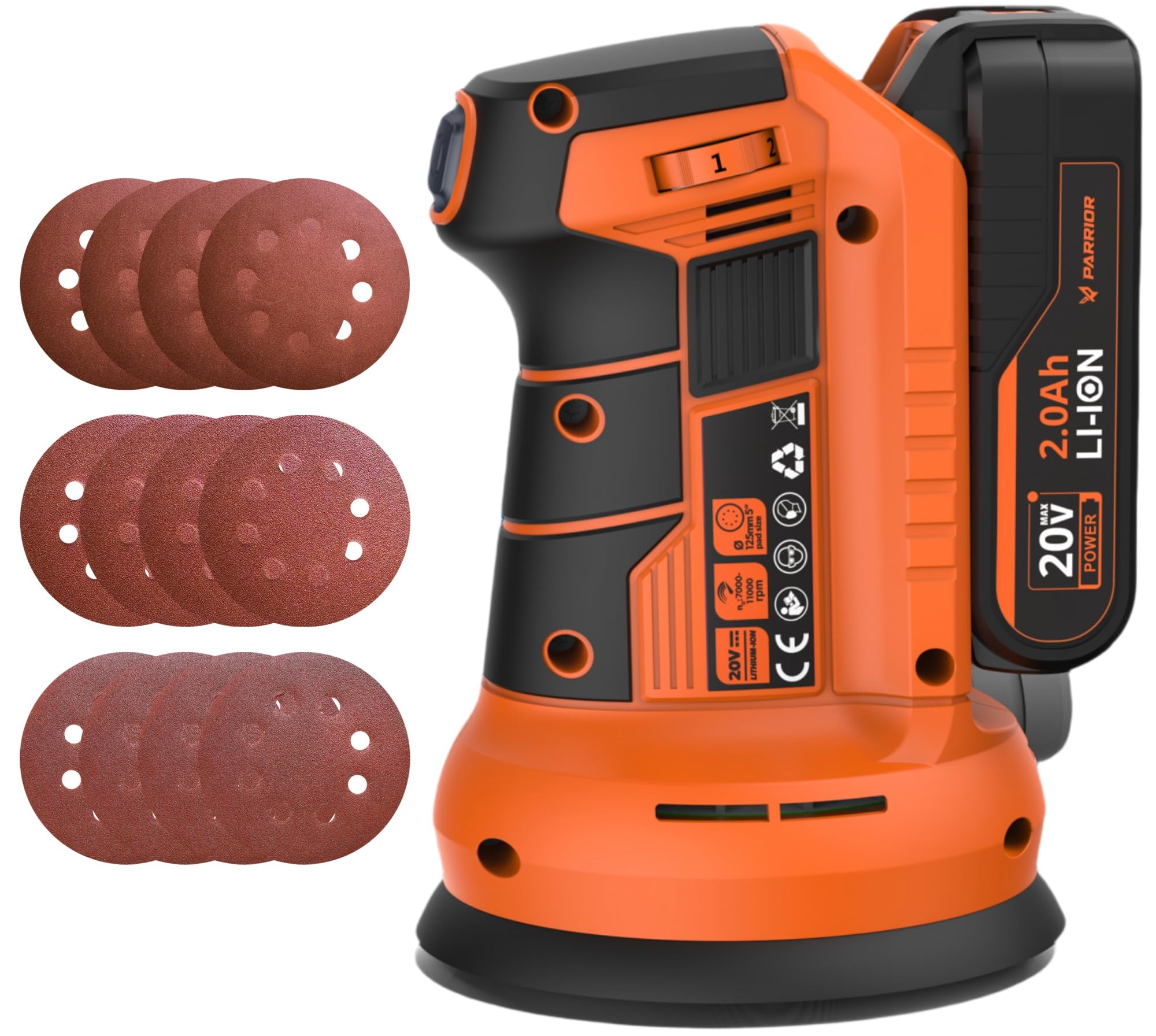20V Cordless Detail Sander with 11,000 RPM Variable Speed - 5-Inch (125mm) Sanding Disc - Includes 12 Sandpapers & Quick Charge Kit - Compact Electric Sander for Woodworking, Furniture, Carpentry - Perfect for DIY Projects, Home Renovation, and Professional Wood Finishing