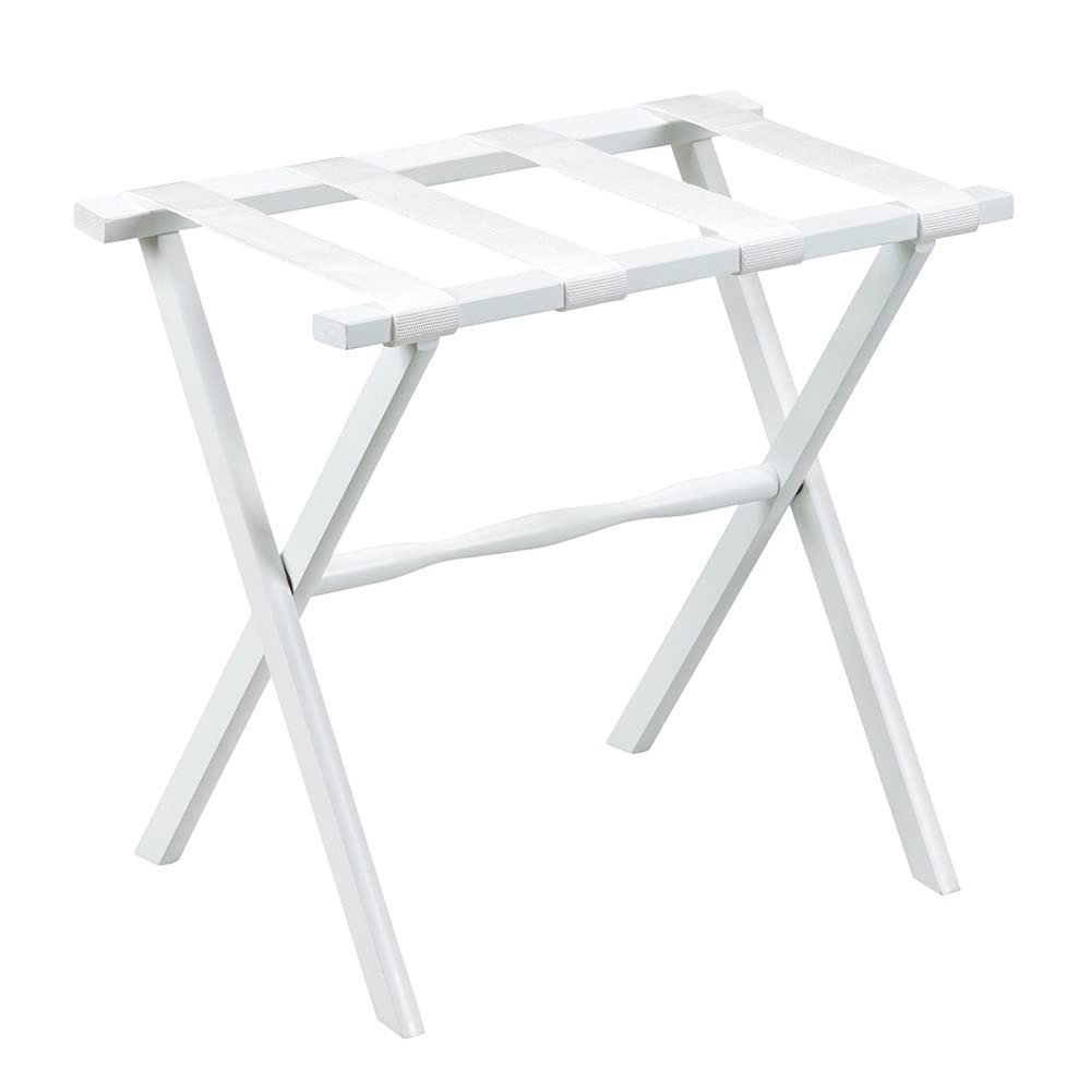 Premium White Wood Folding Luggage Rack with Adjustable Straps - Space-Saving Hotel Style Suitcase Stand for Bedroom, Closet & Travel Organization