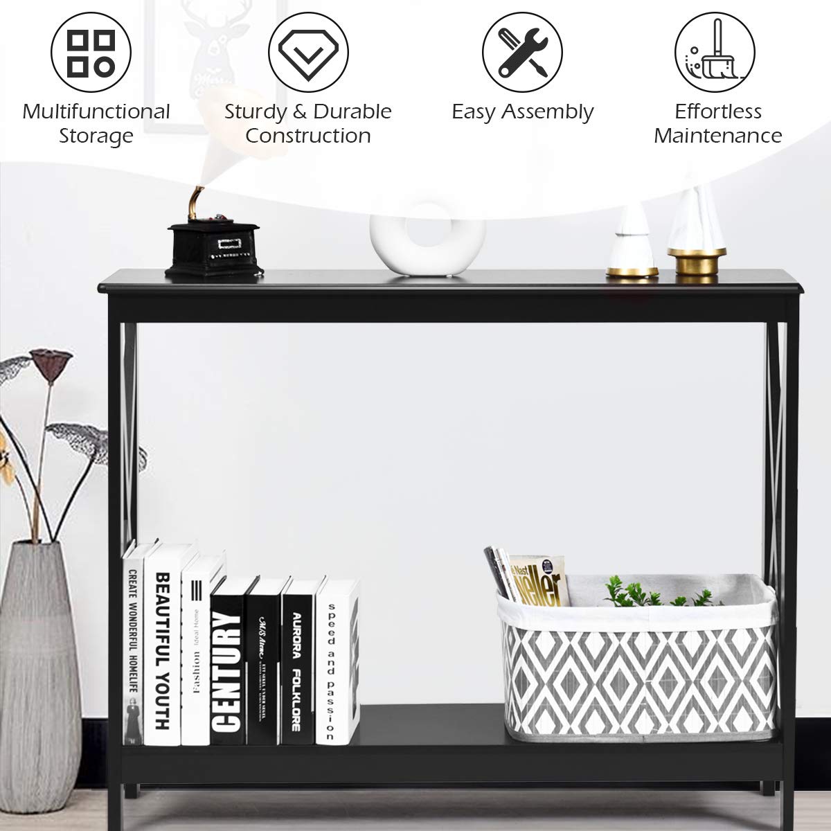 Giantex X-Design 2-Tier Console Table with Storage Shelf, Narrow Entryway Sofa Side Table for Hallway & Living Room - Perfect for Home Decor, Bookshelf & Accent Display (Black)