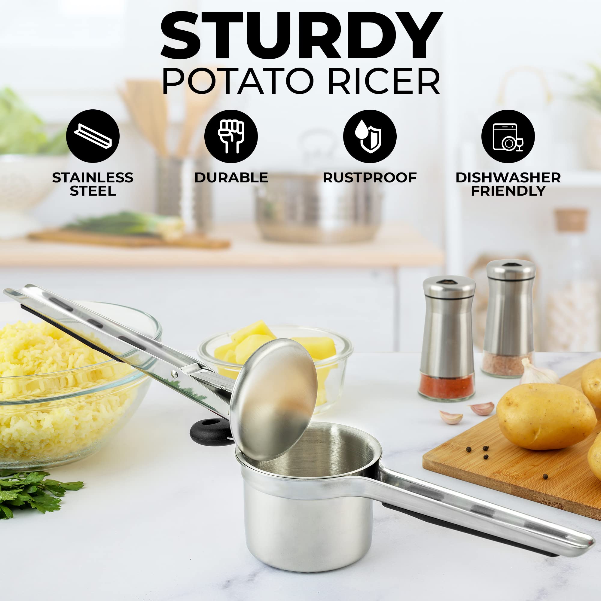 Zulay Kitchen 15oz Heavy Duty Stainless Steel Potato Ricer & Masher - Professional Potato Press for Perfect Mashed Potatoes, Baby Food, Gnocchi & Purees - Ideal for Home Cooking, Restaurants & Meal Prep