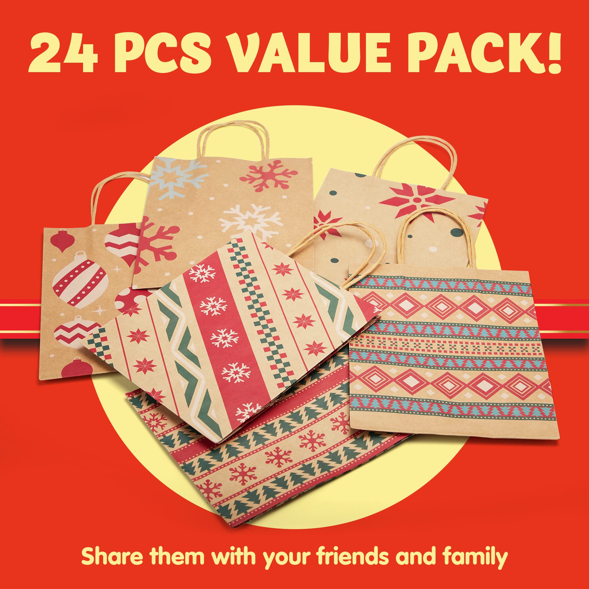 JOYIN 24 Pack Christmas Kraft Gift Bags - Eco-Friendly Holiday Party Favors, Xmas Goodie Bags for Classroom, Office, Secret Santa & Family Gifts (9