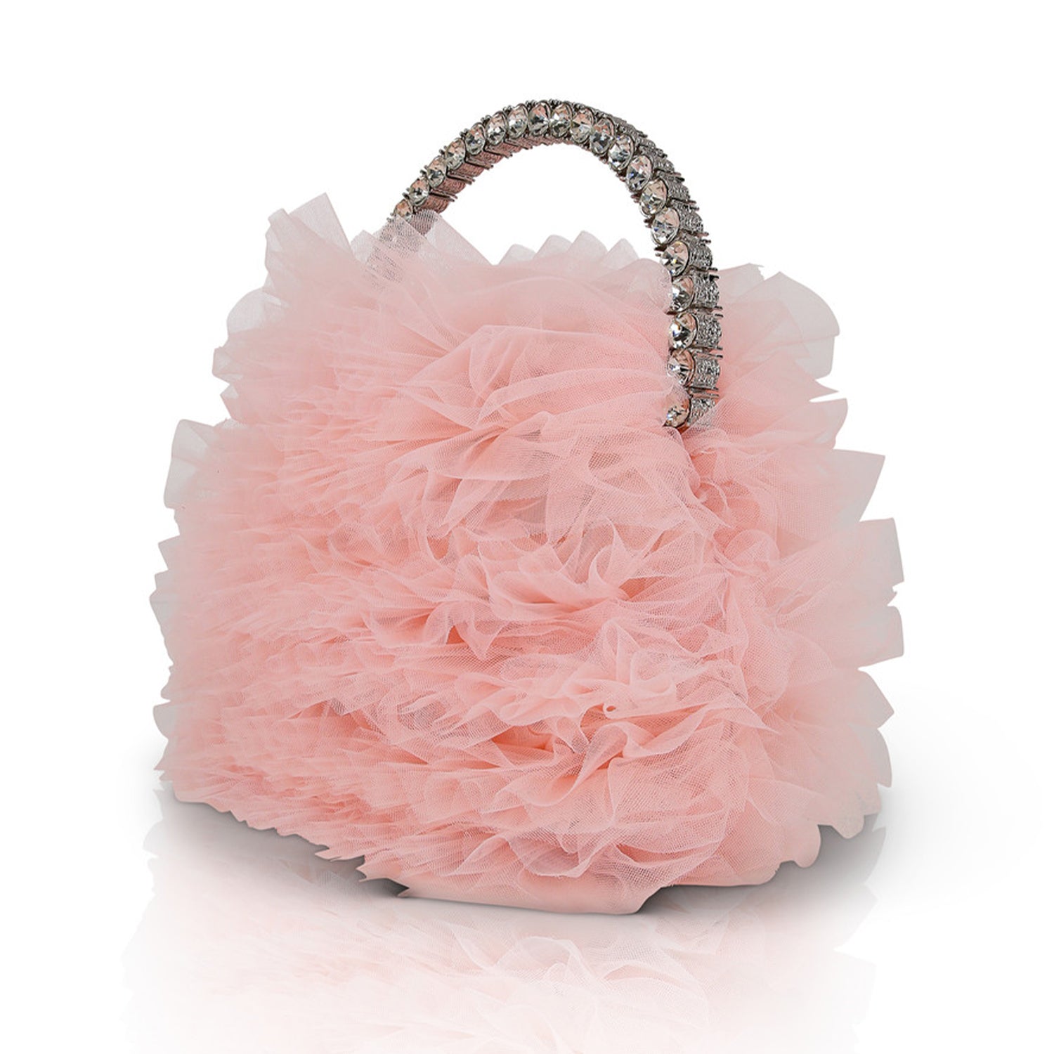 Badgley Mischka Women's Jazzie Tulle Ruffle Pouch Clutch Handbag in Blush Pink for Evening Parties & Weddings