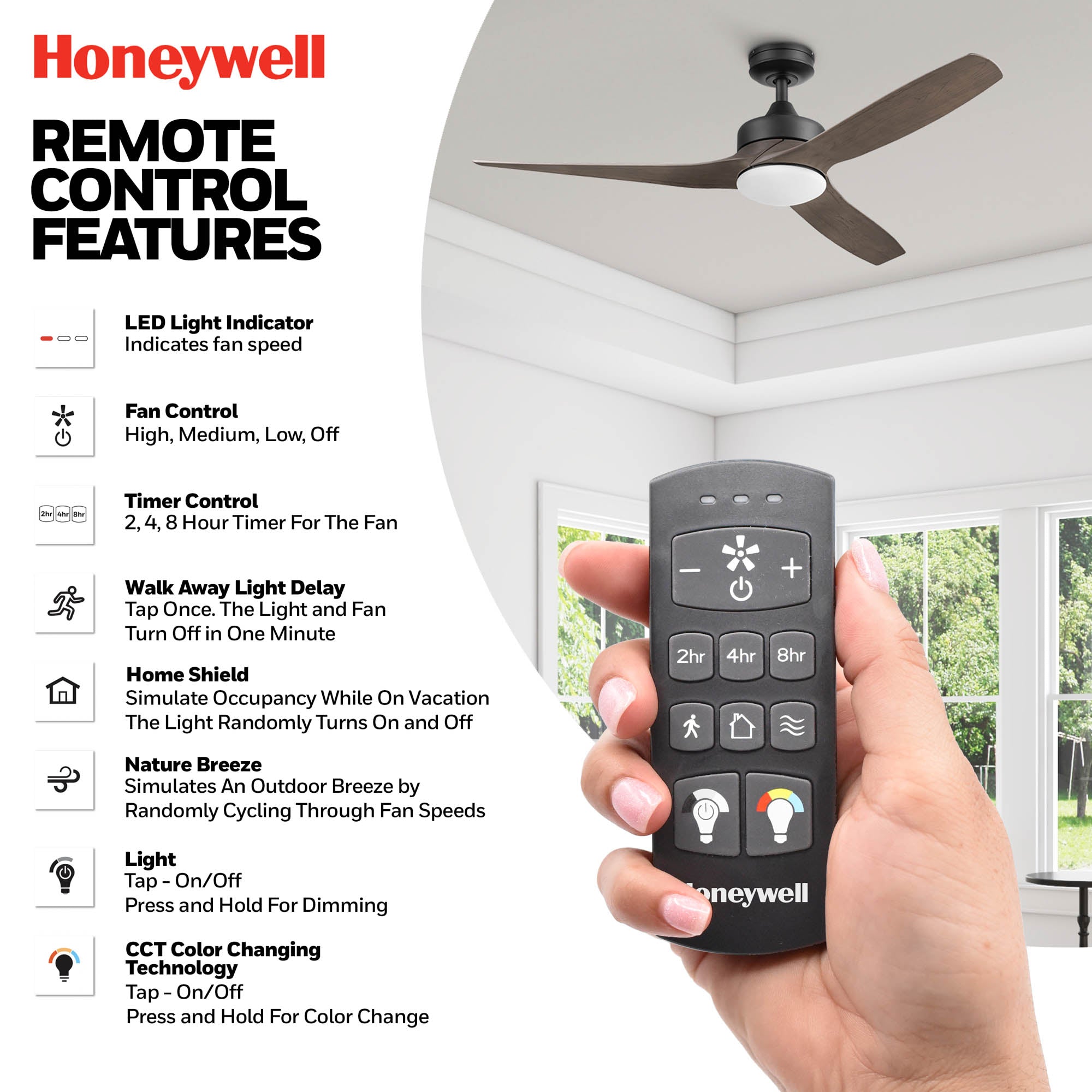 52 Inch Honeywell Lynton Ceiling Fan with Light Kit and Remote Control - Matte Black/Brown Finish - Perfect for Living Room, Bedroom, and Outdoor Covered Patio