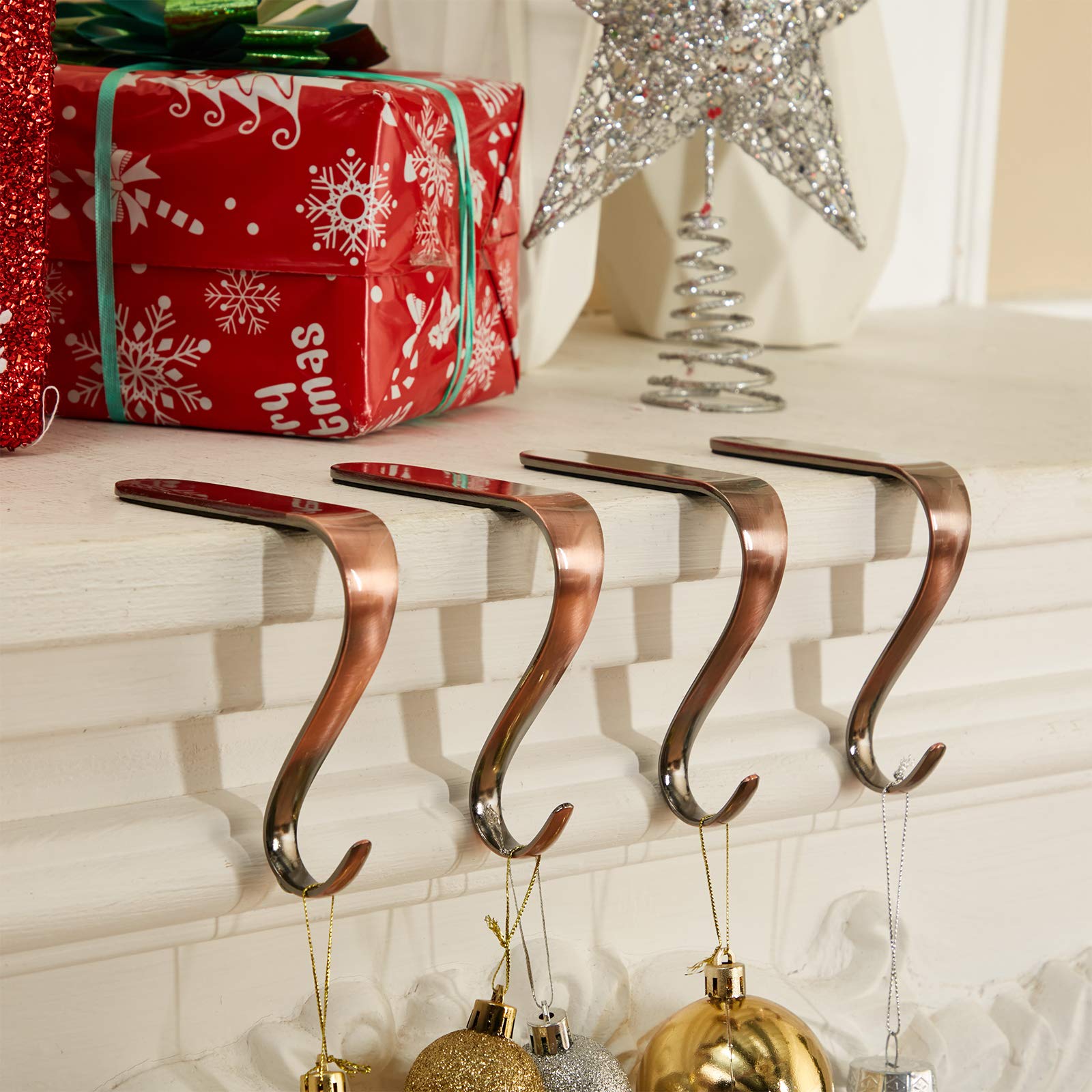 2 Pack Heavy Duty Metal Christmas Stocking Holders - Classic Red Copper Mantel Hangers for Fireplace, Shelf, Window & Table Decor - Perfect for Xmas Party, Holiday Home Decor & Festive Gift Hanging