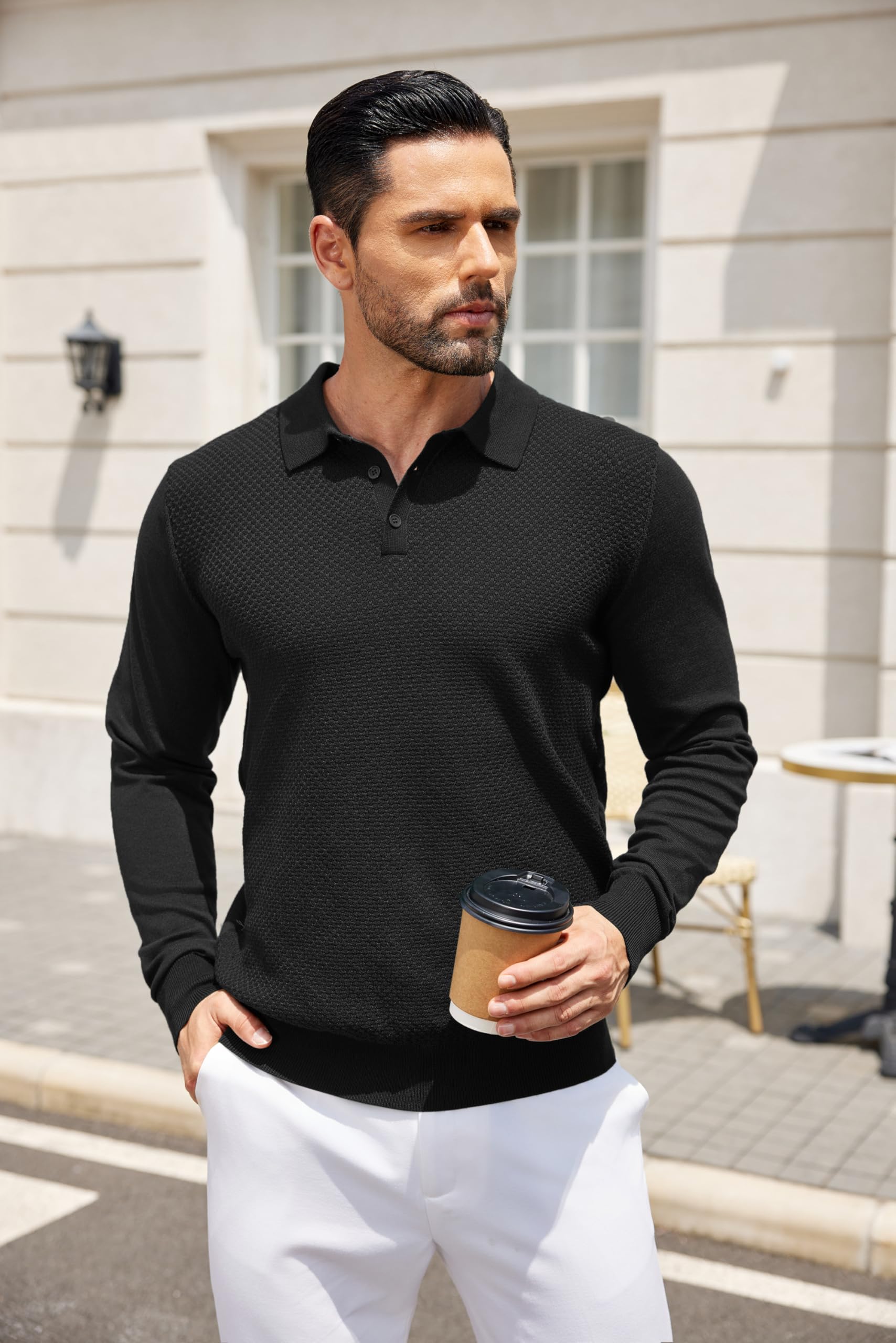 COOFANDY Men's Long Sleeve Knit Polo Sweater - Casual Quarter Button Collared Shirt with Waffle Texture for Golf, Office & Fall Outfits | Warm & Stylish Pullover for Business Casual & Weekend Wear