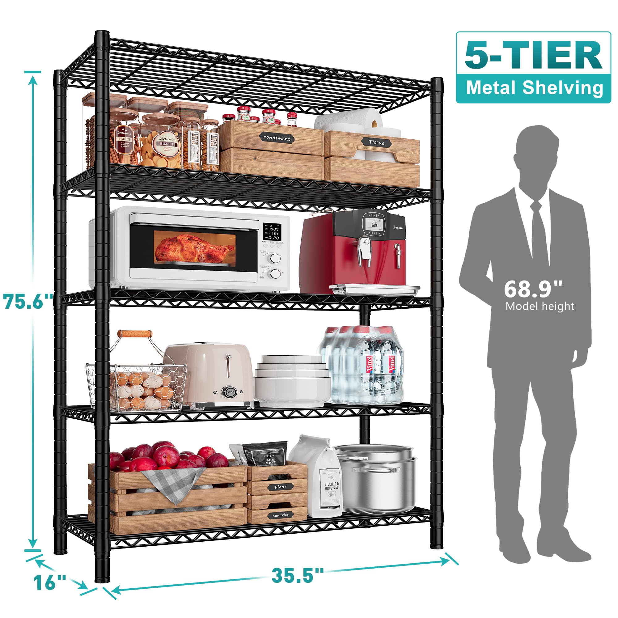 REIBII 5-Tier Heavy Duty Metal Storage Shelves with Wheels - 75.6
