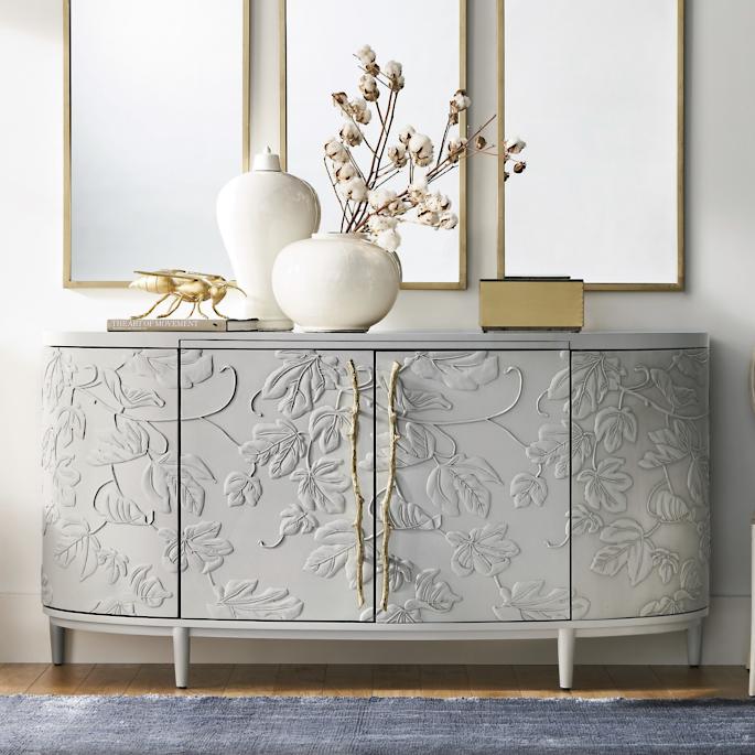 Hand Carved Wooden Buffet with Imagined World Design - Unique Credenza for Dining Room & Living Room Decor