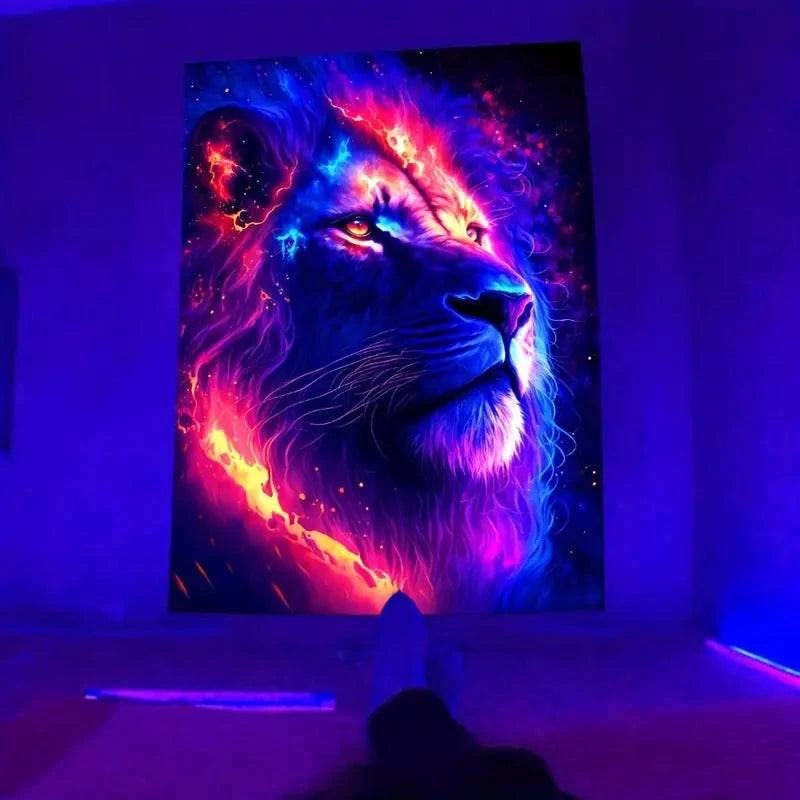 Lion Tapestry Wall Hanging - UV Reactive Glow in The Dark Art Decor for Bedroom, Dorm & Festival - Unique Hippie Boho Tapestry for Home Decor