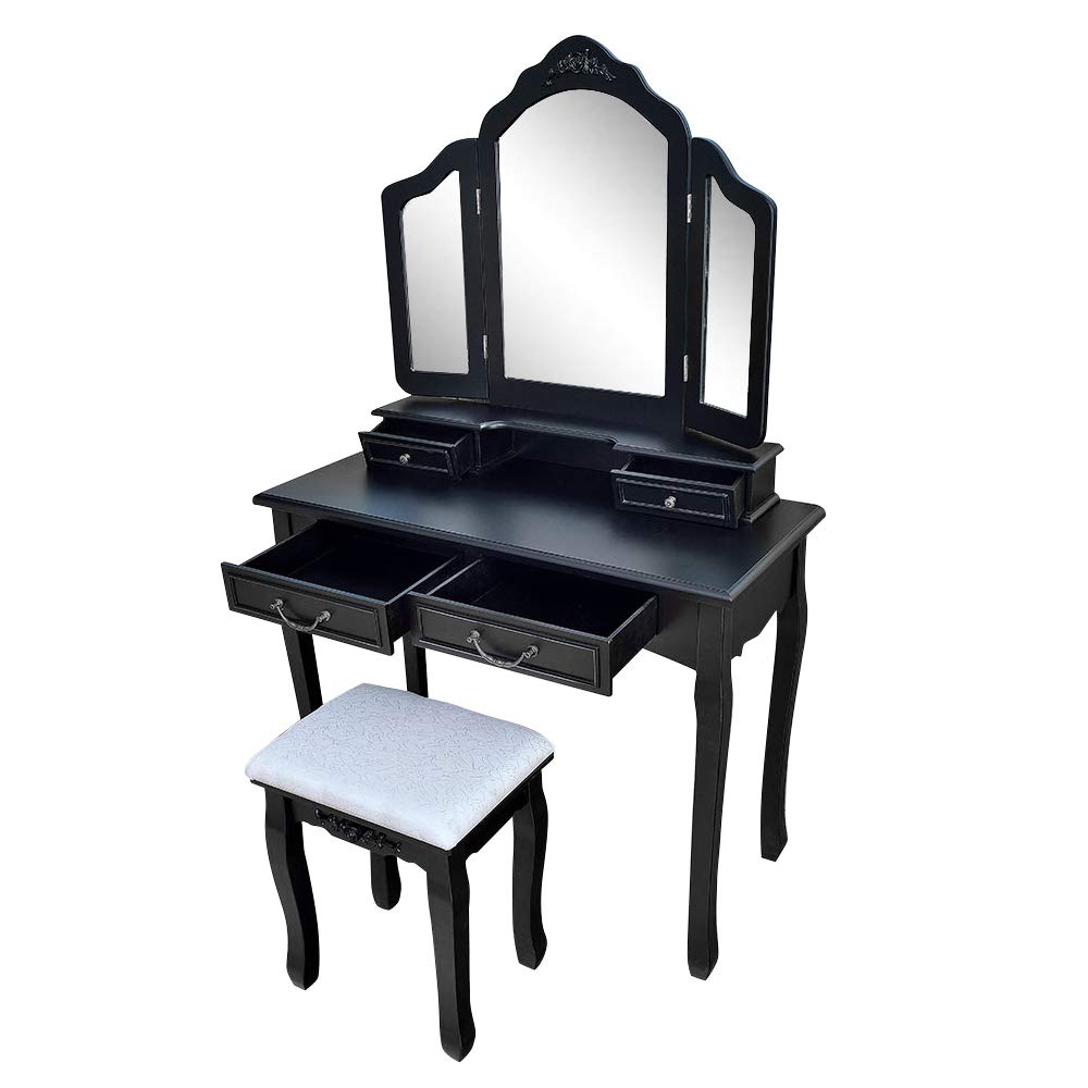 Tri-Fold Mirror Vanity Desk with Cushioned Stool - Black Makeup Dressing Table with Storage Organizer for Bedroom, Bathroom & Beauty Salon