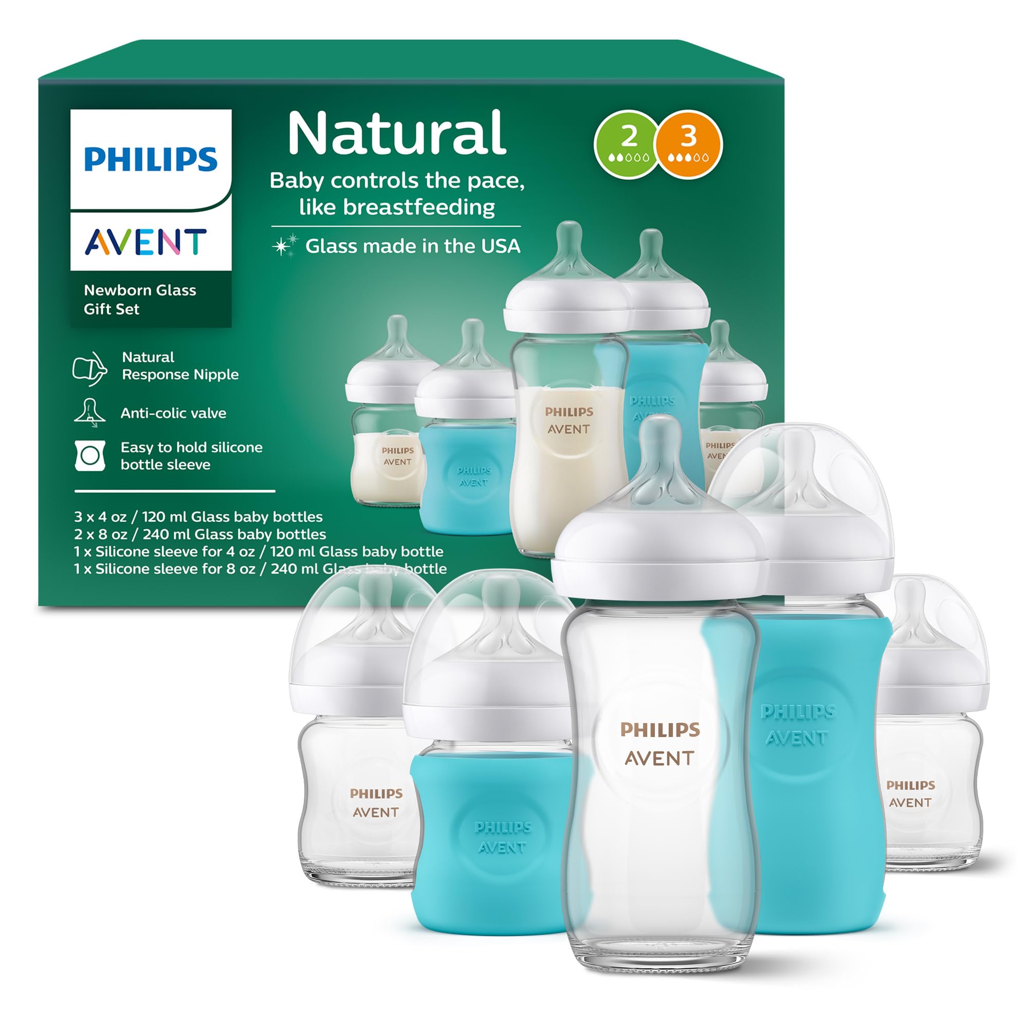 Philips Avent Natural Newborn Glass Baby Bottle Gift Set - 3x 4oz (Slow Flow) & 2x 8oz (Medium Flow) with Natural Response Nipples & 2 Silicone Sleeves - Perfect for Breastfeeding Transition & On-the-Go Feeding (SCD858/01)