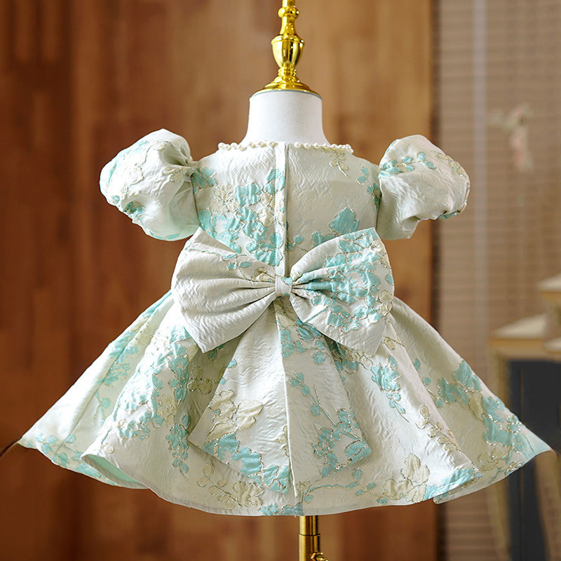 Elegant Baby Girls White & Green Jacquard Pattern Puff Sleeve First Birthday Dress - Princess Party Gown for Special Occasions & Photo Shoots