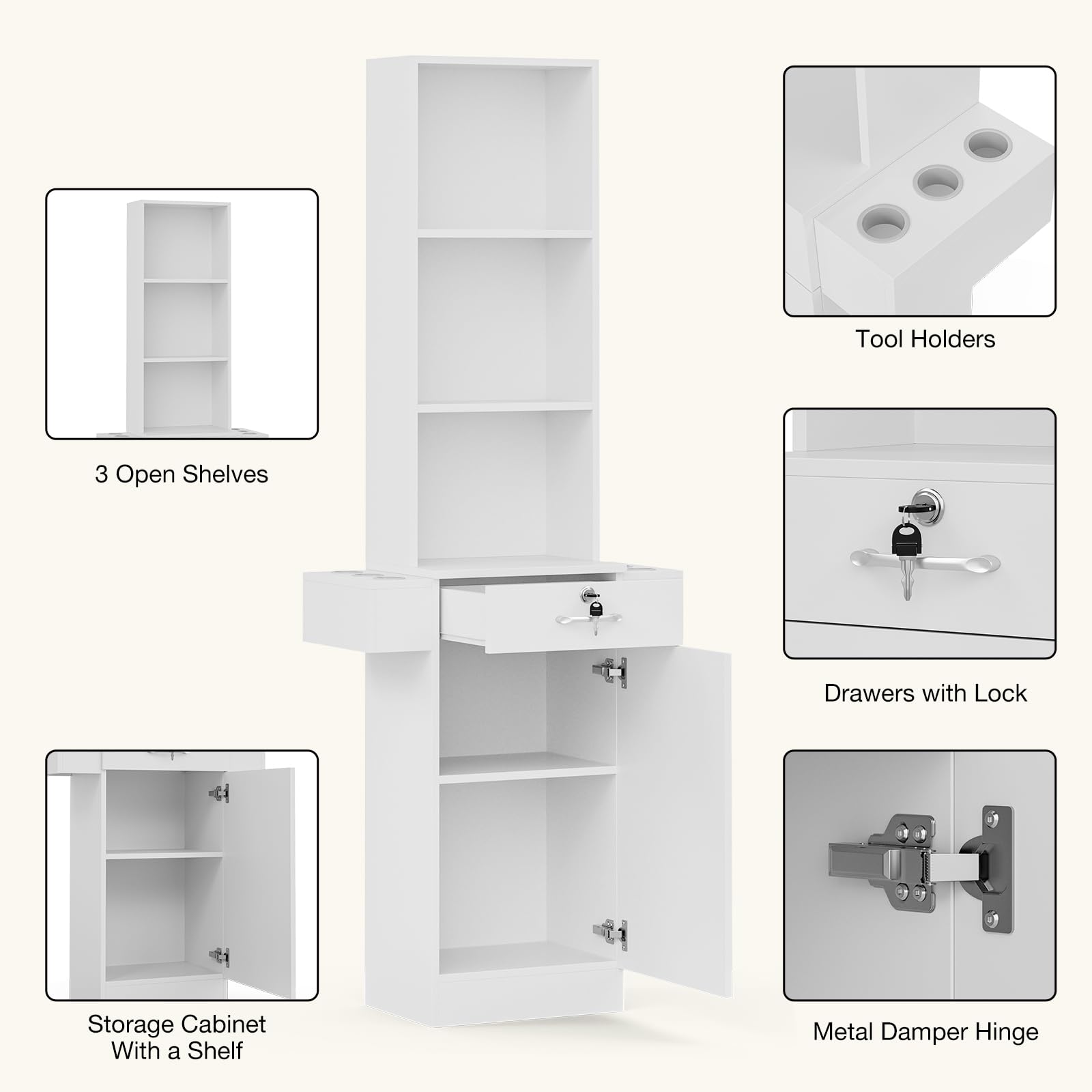 Professional Hair Salon Storage Station - White Barber Cabinet with 3 Open Shelves, 1 Lockable Drawer & 6 Hair Dryer Holders | Stylist Equipment Organizer for Salon, Barbershop & Home Beauty Station