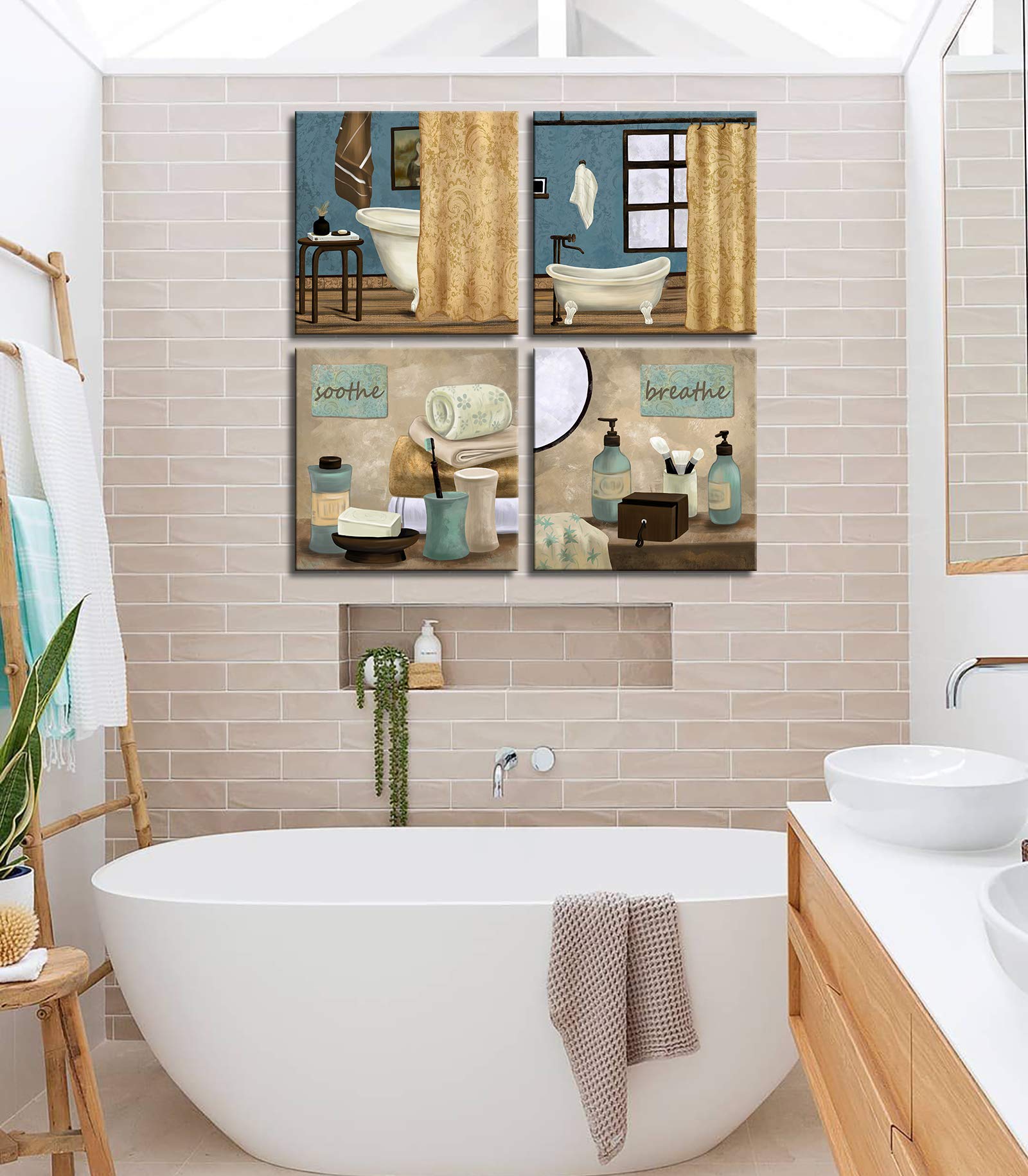 AMEMNY 4-Panel Teal Blue Still Life Bathroom Wall Art Set - Wood Framed Canvas Prints for Bathroom Decor, Ready to Hang - Perfect for Restrooms, Powder Rooms & Spa-Like Bathroom Designs