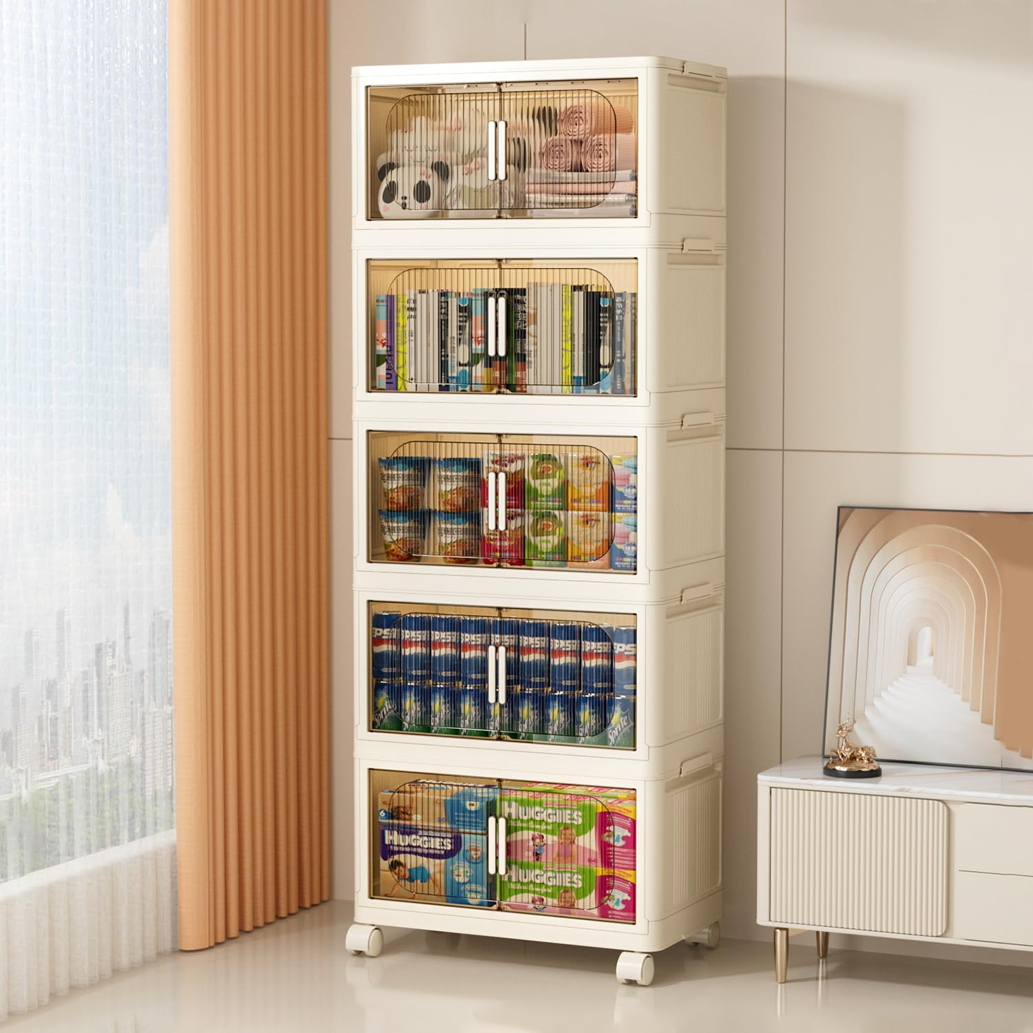 5-Tier Wide Folding Storage Cabinet with Doors & Wheels - 20