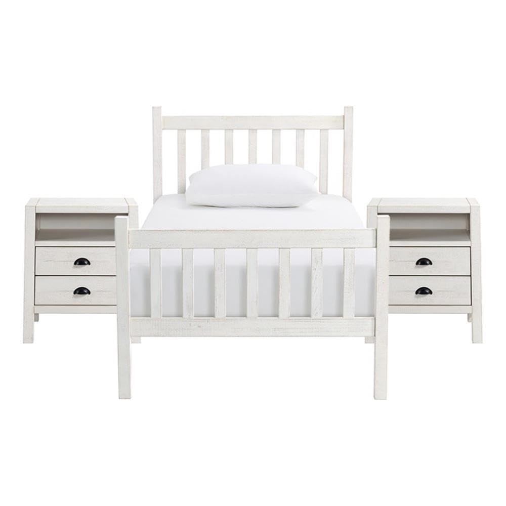 Alaterre Windsor 3-Piece Wood Bedroom Set - Twin Size Slat Bed with 2 Nightstands in Driftwood White | Solid Wood Furniture for Small Spaces & Guest Rooms | Perfect for Apartments, Dorms & Cozy Bedrooms