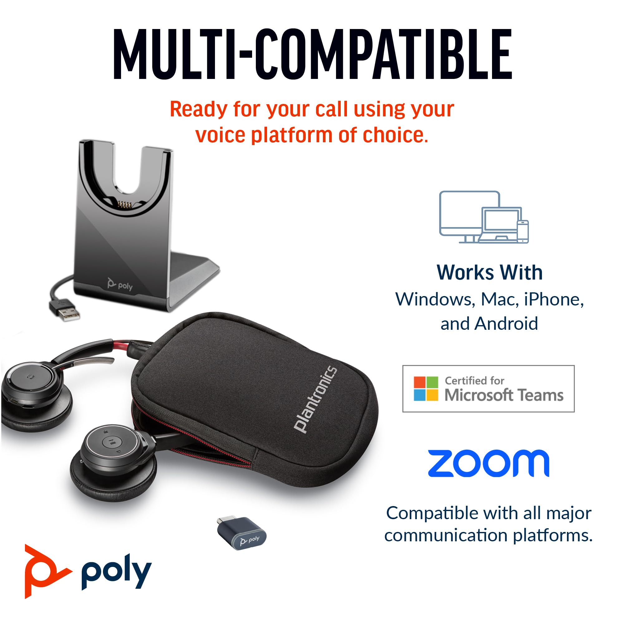 Poly Voyager Focus UC Wireless Headset with Charge Stand - Active Noise Canceling (ANC) Bluetooth Headphones for PC, Mac, Mobile - Certified for Microsoft Teams & Zoom - Perfect for Home Office, Remote Work & Online Meetings