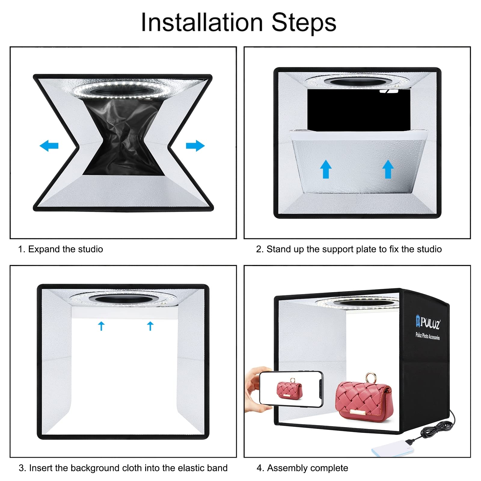 PULUZ Mini Folding LED Photo Light Box with 12 Color Backdrops - Portable Photography Studio Kit with USB Ring Light for Small Product Shooting, Jewelry, Etsy Items (9.8