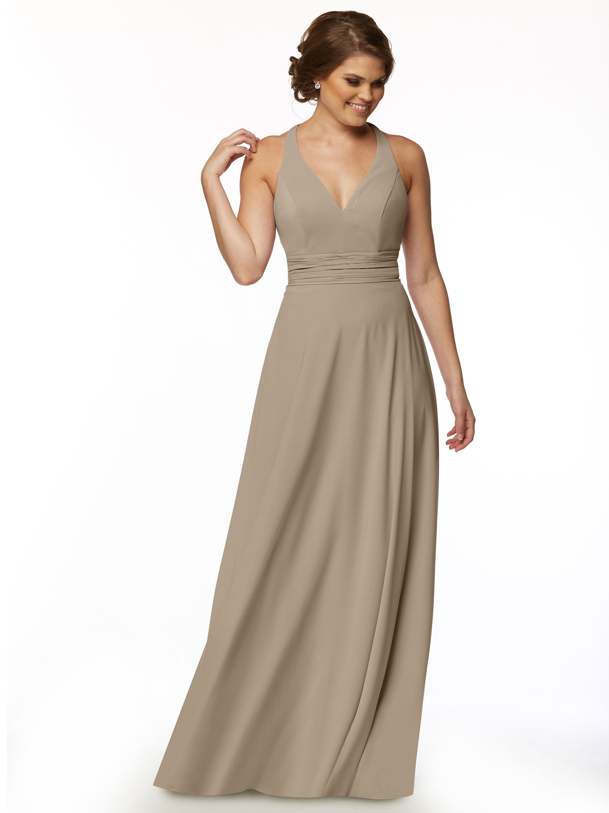 Elegant 80107 A-Line Stretch Chiffon Bridesmaid Dress with Halter V-Neck - Perfect for Weddings, Formal Events & Special Occasions