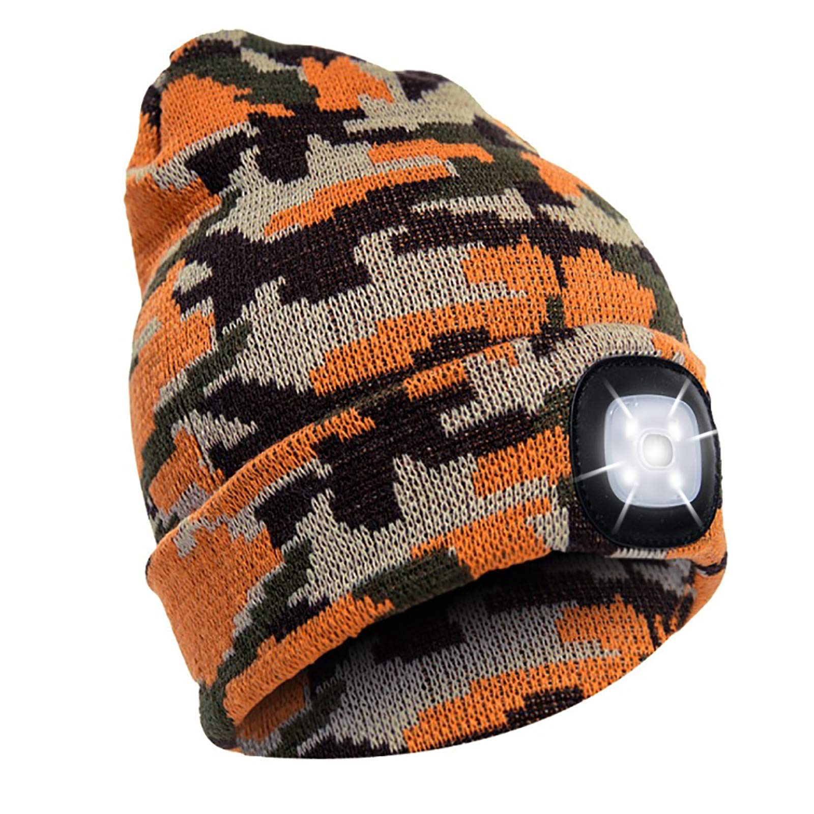 Unisex Camo LED Lighted Beanie Cap - USB Rechargeable Knit Winter Hat with Built-in LED Lights for Outdoor Activities, Camping, Night Running & Safety Visibility