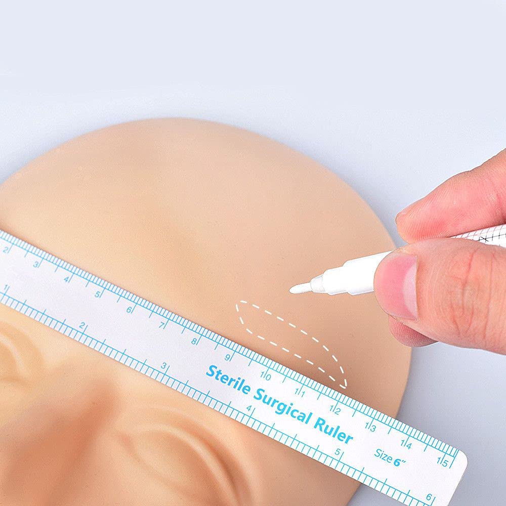 White Surgical Tattoo Eyebrow Skin Marker Pen - Waterproof Single Tip Body Positioning Pen with Paper Ruler | Perfect for Eyebrow Microblading, Permanent Makeup & Tattoo Outlining