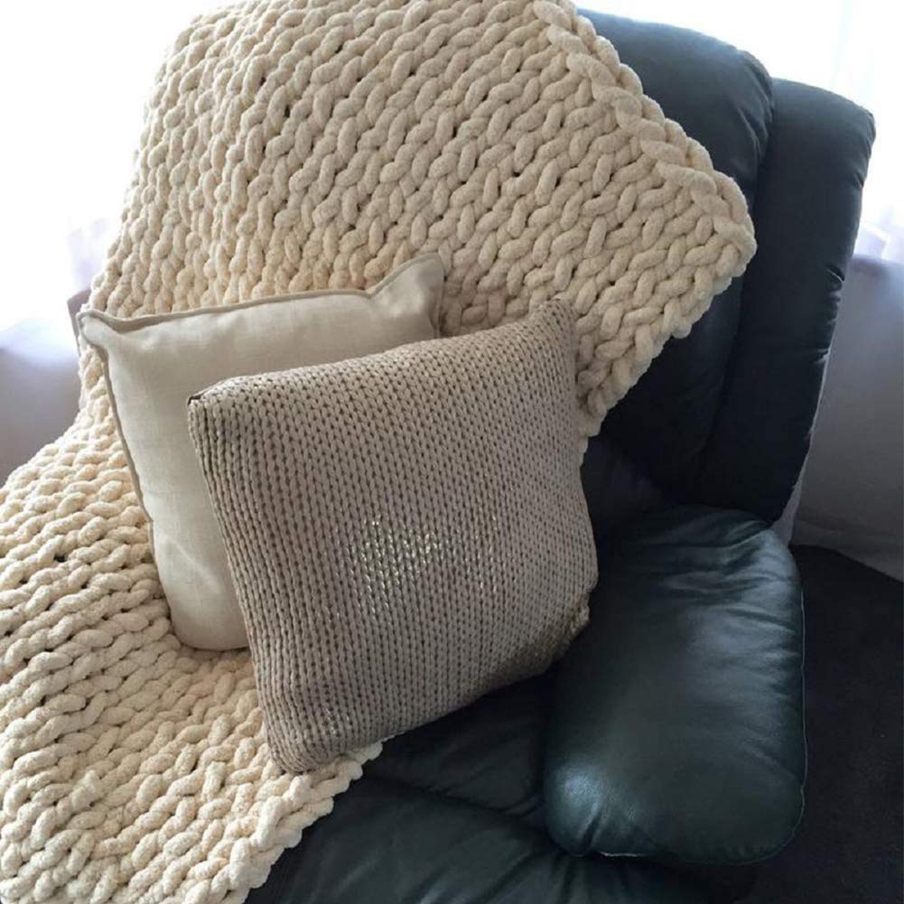 Chunky Knit Blanket - Soft Cozy Giant Chenille Handwoven Throw for Sofa & Bed - Machine Washable Beige Blanket 40