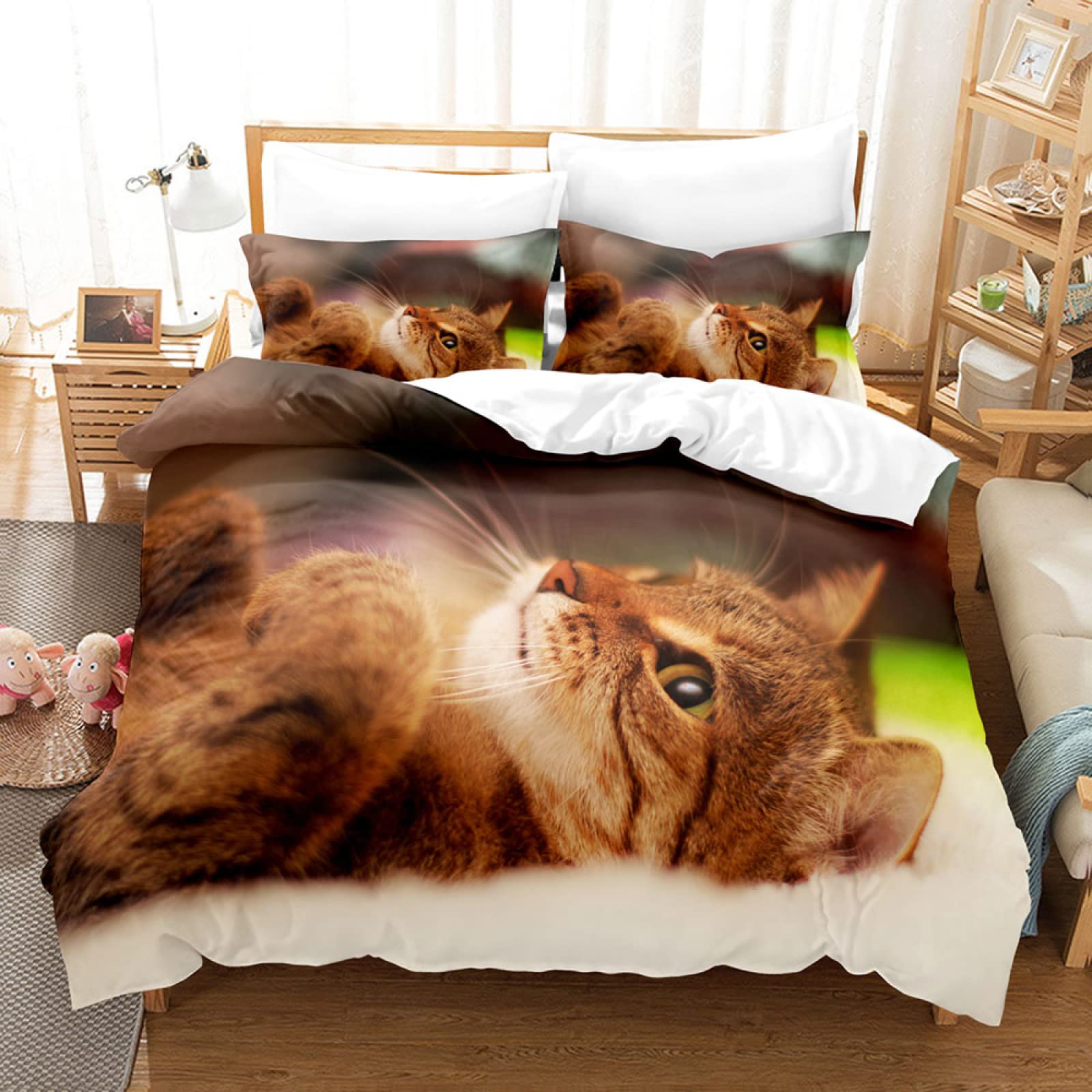 Queen Size Brown Somali Cat Duvet Cover Set - Soft Microfiber 3D Printed Bedding with Zipper Closure, Includes 1 Duvet Cover + 2 Pillowcases (20x26 inches) - Perfect for Cozy Bedrooms, Guest Rooms & Cat Lovers