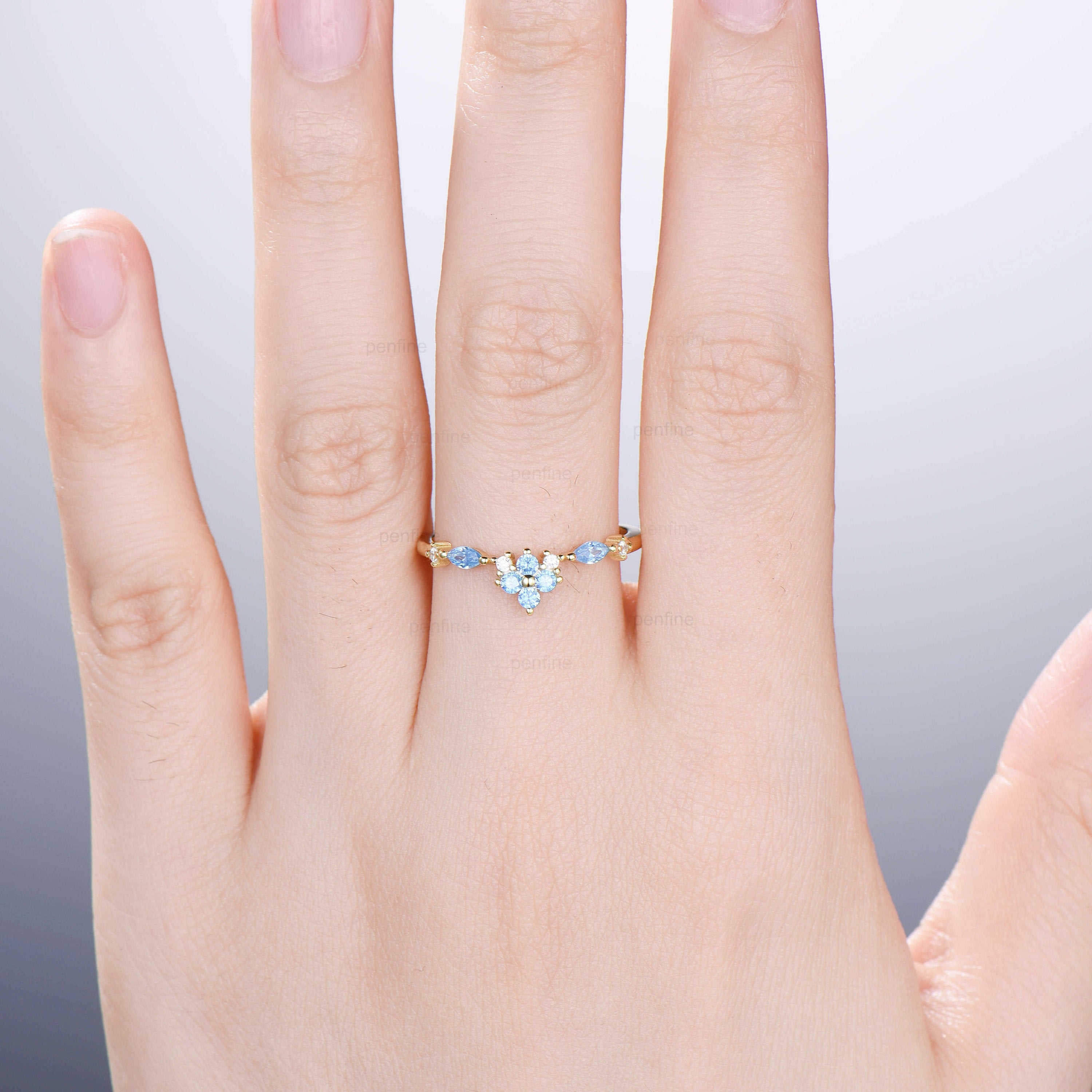 Art Deco Swiss Blue Topaz Wedding Band - 14K Yellow Gold Half Eternity Vintage Ring for Women | Stackable Anniversary, Promise & Matching Rings | Perfect for Engagement, Bridal Sets & Special Occasions