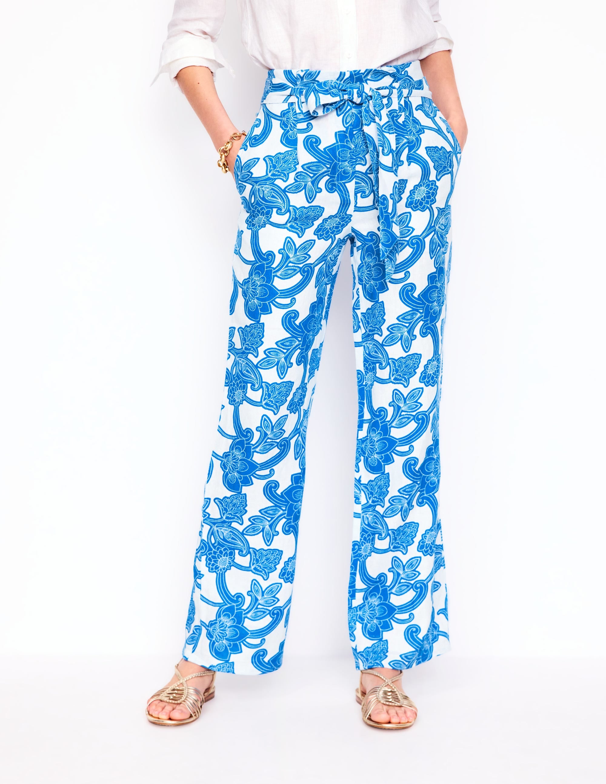 Cerulean Blue Belted Linen Pants with Paisley Whirl Design - Comfortable Summer Casual Wear for Women | Perfect for Beach, Vacation, and Everyday Outfits