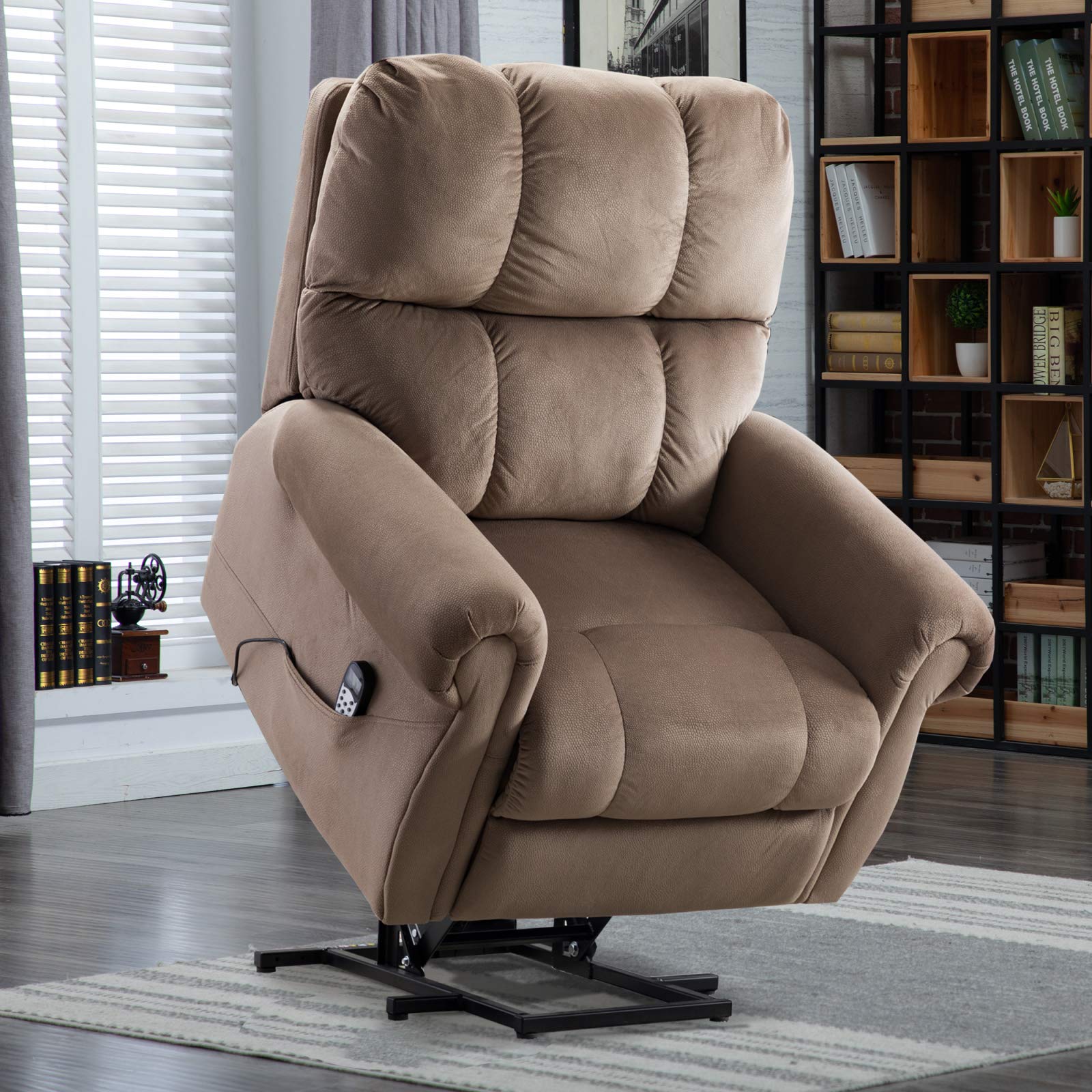 PovKeever Electric Lift Recliner Chair with Heating & Massage - Heavy Duty Power Recliner for Elderly & Seniors - Modern Padded Armrests & Back Support - Light Brown Fabric - Perfect for Living Room, Bedroom & Home Theater Relaxation