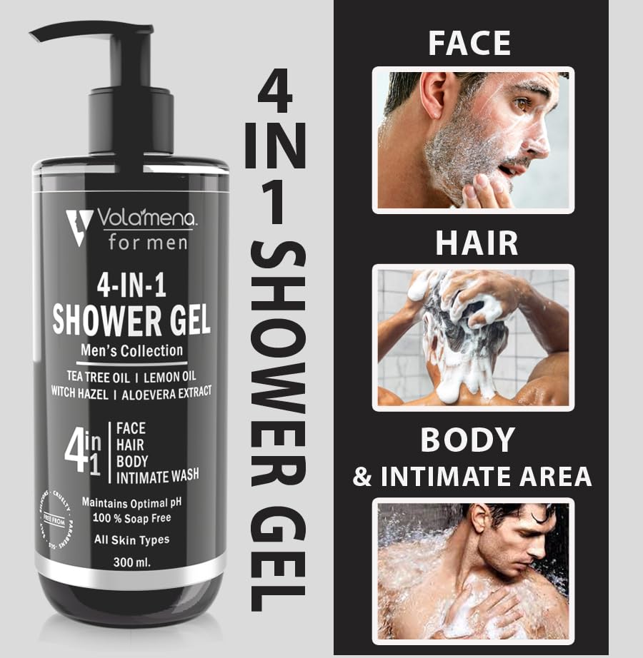 Volamena 4-in-1 Shower Gel for Men - Face, Body, Hair & Intimate Wash - 300ml - Gentle Cleansing for Daily Hygiene & Gym Use