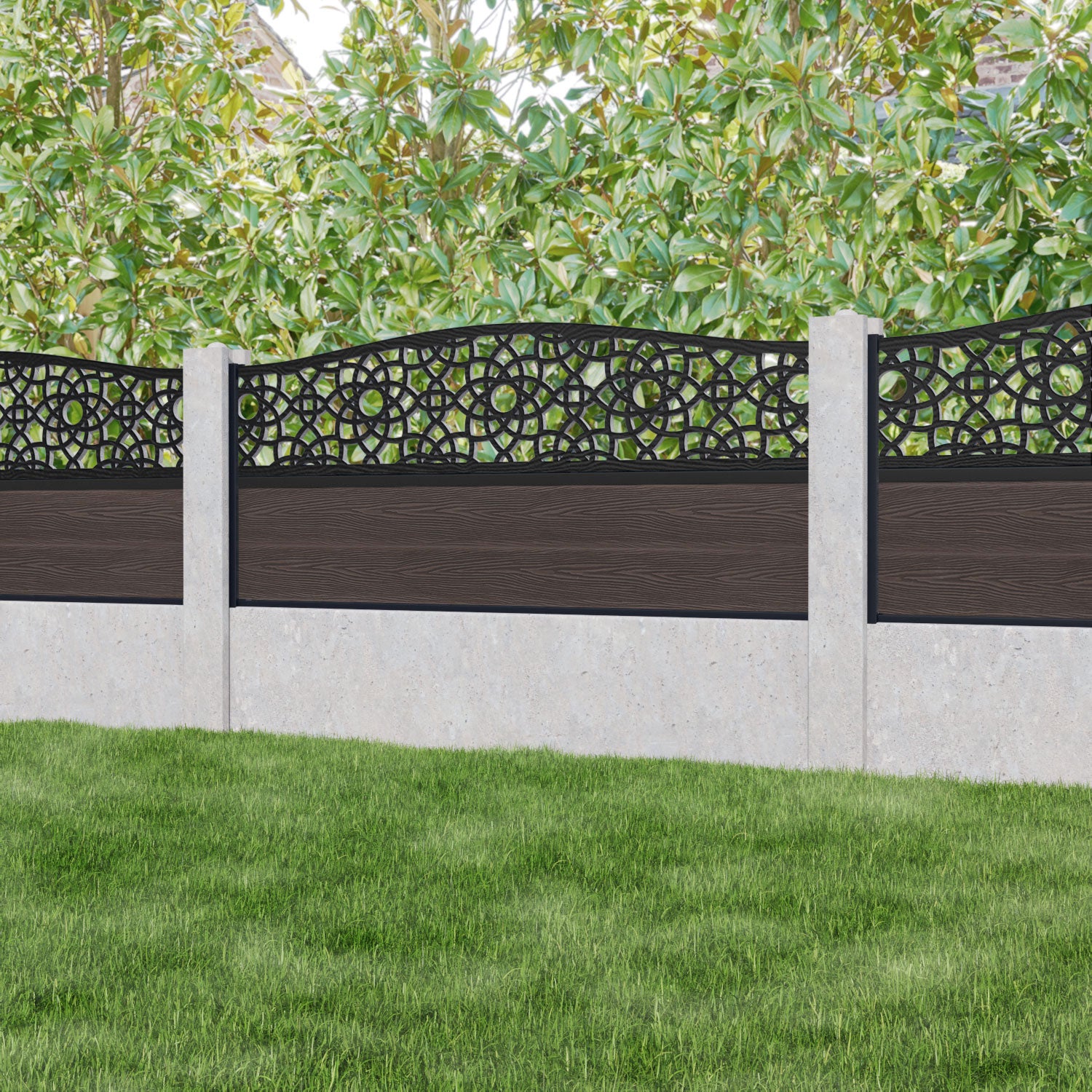 Classic Ambar Curved Top Fence Panel - Mid Brown Wood Privacy Fence for Concrete Posts | Durable Outdoor Garden Fencing for Backyard, Patio, and Pool Areas