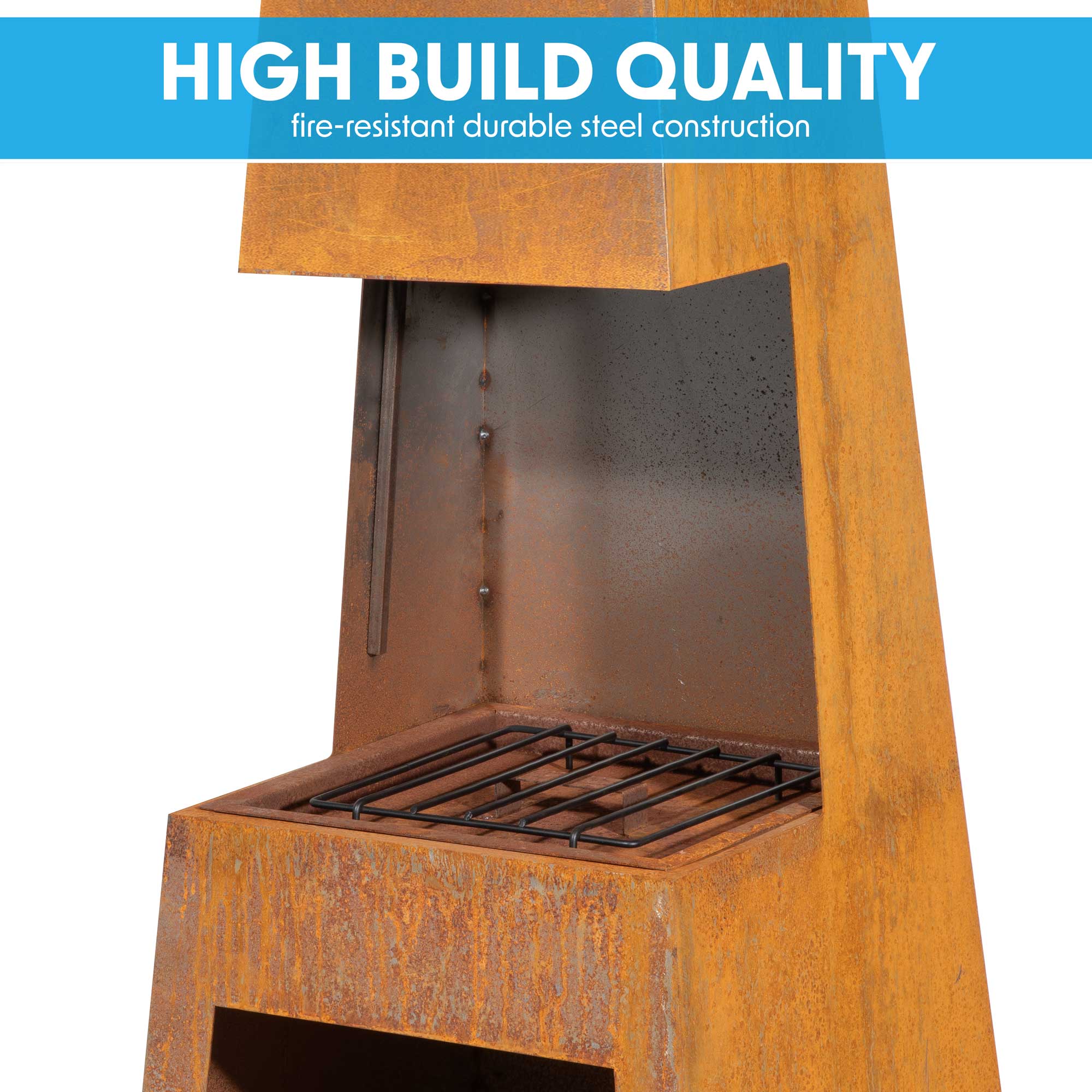 Outdoor Pyramid Chiminea Fire Pit - Corten Steel Fireplace Heater with Firewood Storage (DG108) - Perfect for Patio, Garden, and Backyard Gatherings