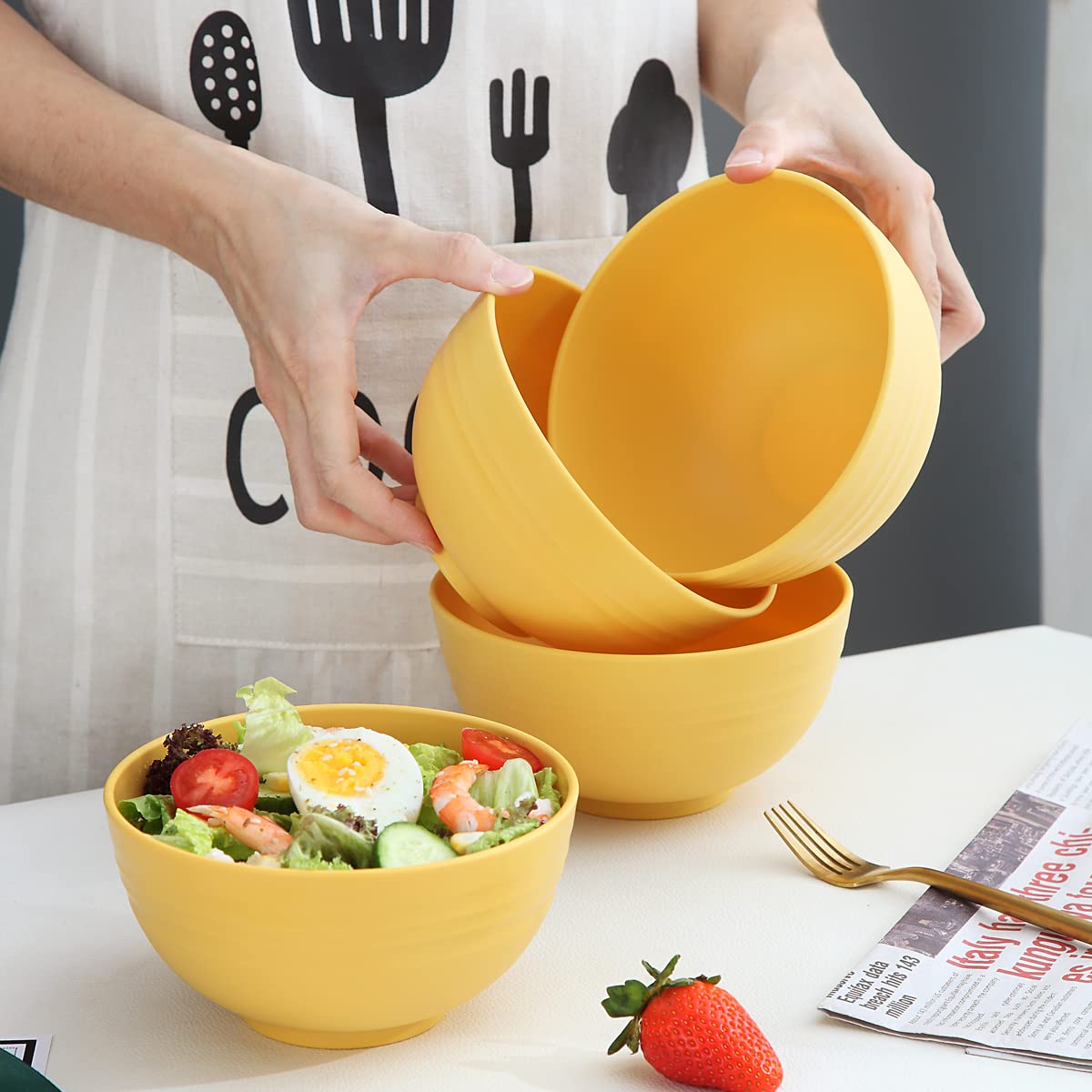 Kyraton 4-Piece Unbreakable Cereal Bowls Set - Lightweight Reusable Bowls for Rice, Noodles, Soup, Salad & Fruit - Dishwasher & Microwave Safe, BPA-Free (Gold Yellow) - Perfect for Family Meals, Camping & Dorm Use
