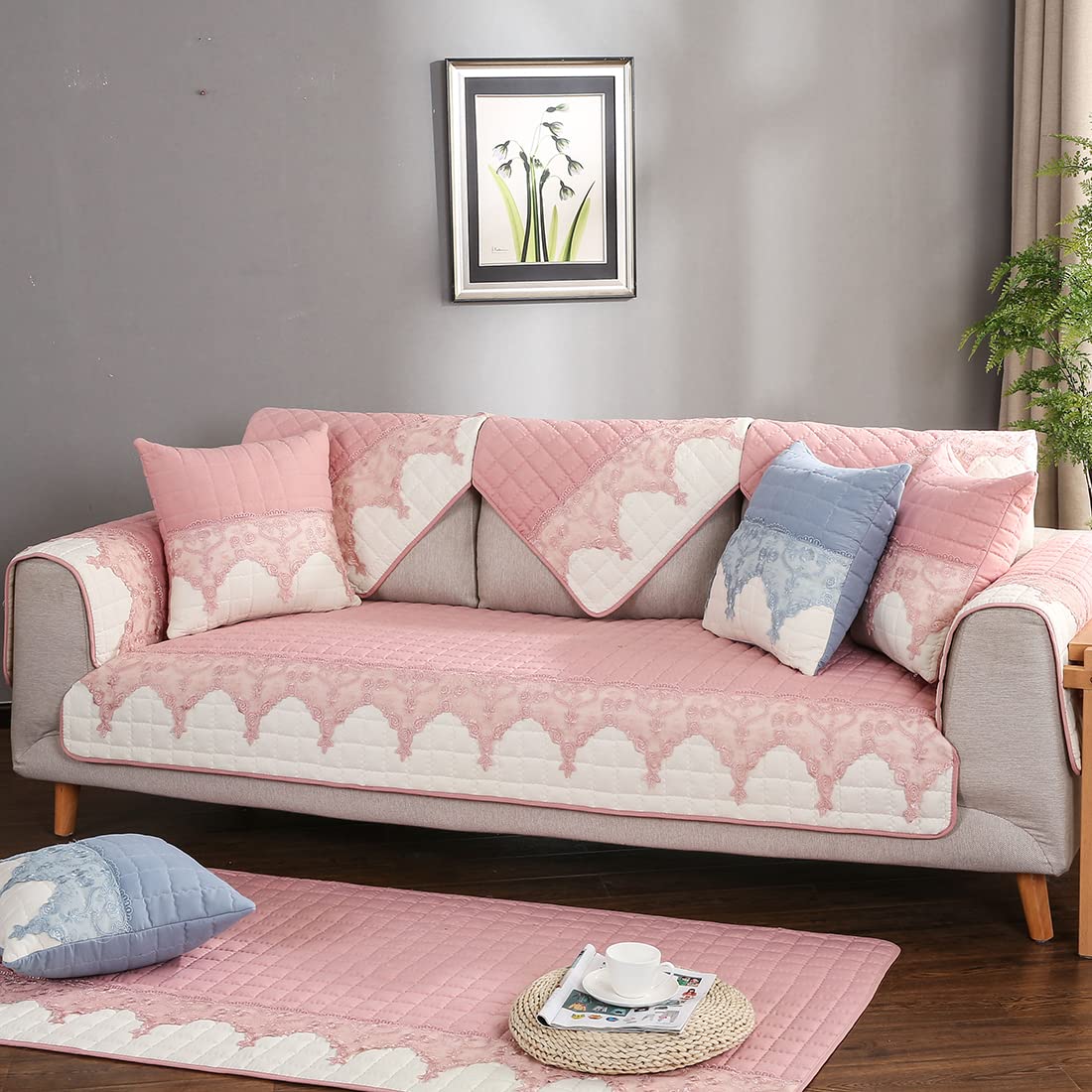 Vctops Embroidered Lace Sofa Cover - Quilted Sectional Couch Slipcover, Non-Slip Pet-Friendly Furniture Protector for Dogs & Cats - Fits Love Seat, Recliner & L-Shaped Leather Couches (Pink, 28x28 Inches) - Perfect for Living Room, Bedroom & Pet-Friendly Home Decor