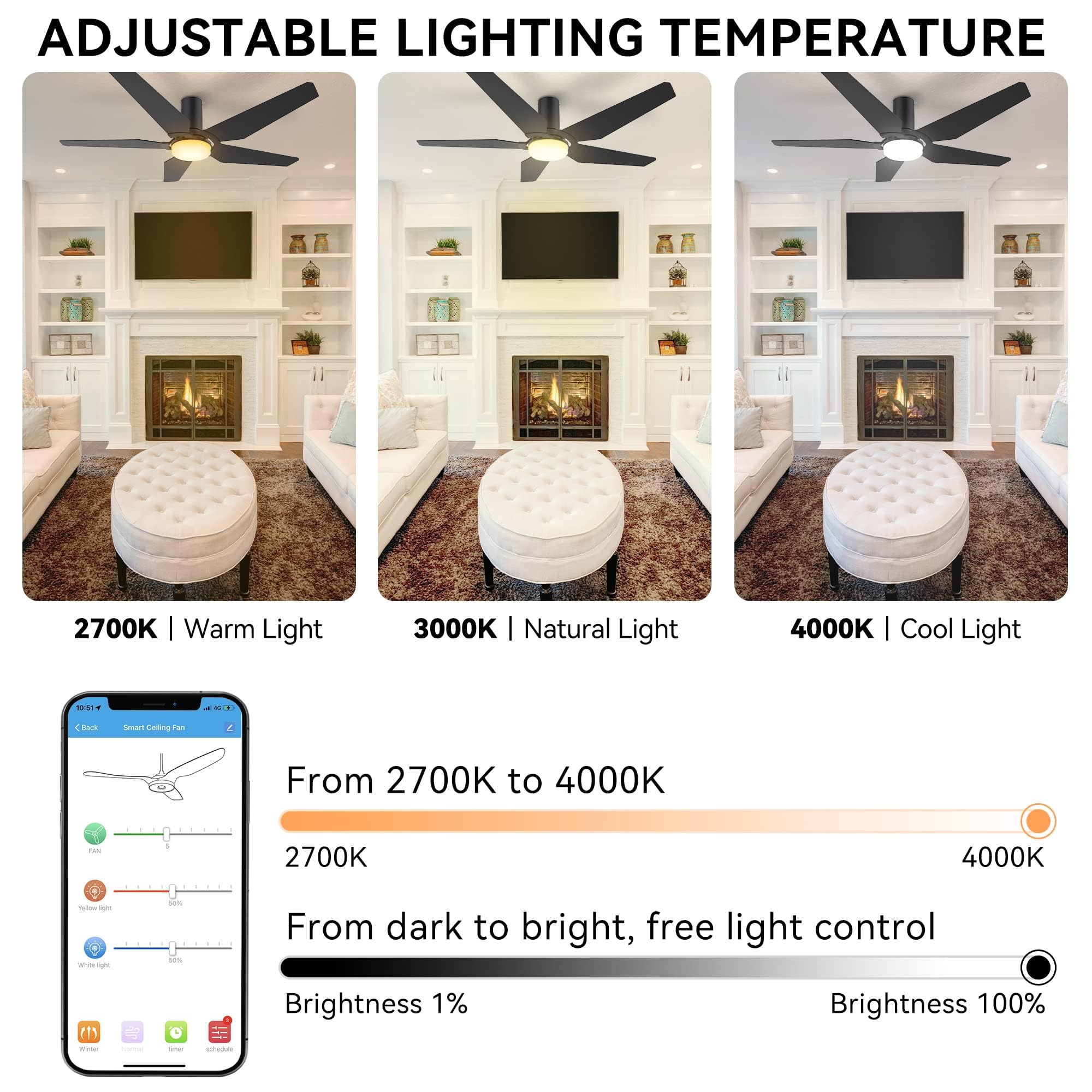 SMAAIR 52 Inch Smart Ceiling Fan with Dimmable LED Lights, Remote & WiFi App Control - Works with Alexa, Google Assistant & Siri - Black Outdoor Flush Mount Fan for Patio, Bedroom & Living Room