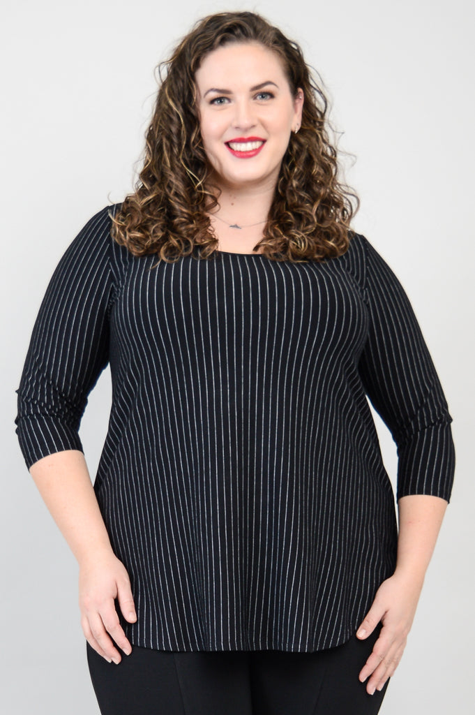 Jazz 3/4 Sleeve Top - Black & White Pin Stripe Bamboo Fabric Women's Blouse for Casual Wear & Office Outfits