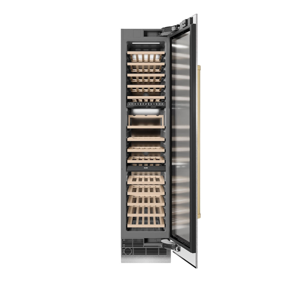 ZLINE Autograph Edition 18 Inch 9.0 cu ft Triple Zone 68 Bottle Right Hinge Column Wine Cooler - Satin Stainless Steel with Champagne Bronze Accents (RCWVRZ SN 18 CB) | Perfect for Wine Cellars, Restaurants, and Home Bars
