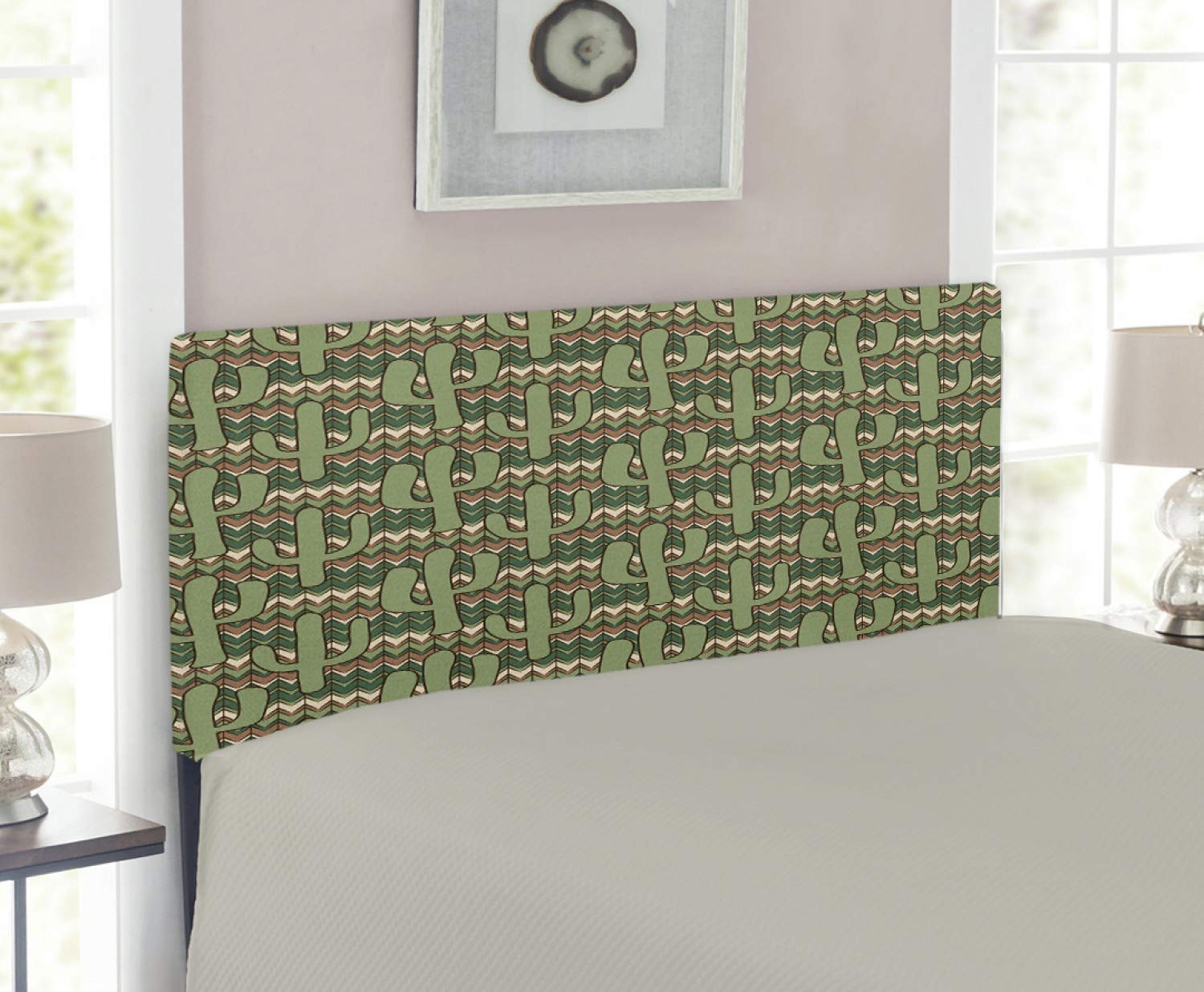 Ambesonne Cactus Headboard - Twin Size Upholstered Metal Bed Headboard with Memory Foam, Cartoon Saguaro Cactus Design on Zigzag Stripes in Green Pale Brown Beige | Perfect for Kids Room, Boho Bedroom Decor & Southwest Style Home Decor