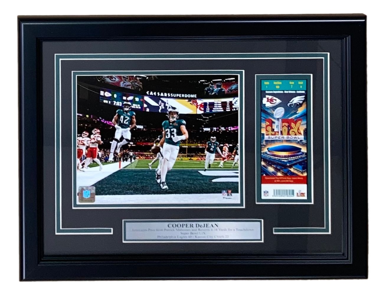 Cooper DeJean Framed 8x10 Eagles Super Bowl 59 Pick Six Autographed Photo with Replica Ticket - Perfect for Sports Memorabilia Collectors and Eagles Fans Home Decor