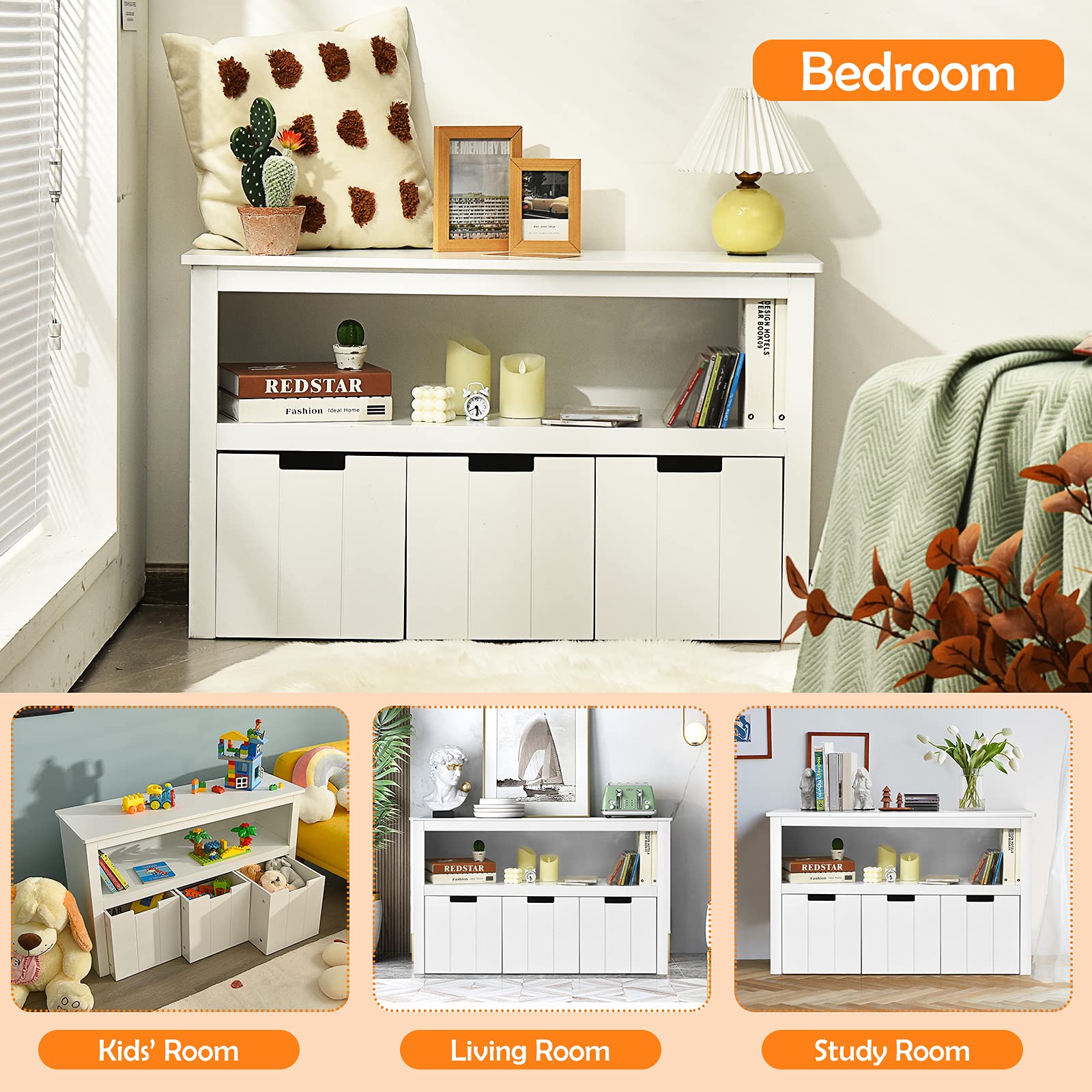 3-Drawer Storage Cabinet for Kids Toys with Large Open Shelf & Hidden Wheels - 2-in-1 Multifunctional Organizer for Bedroom, Living Room, Office - White | Perfect for Toy Storage, Home Organization & Small Space Furniture