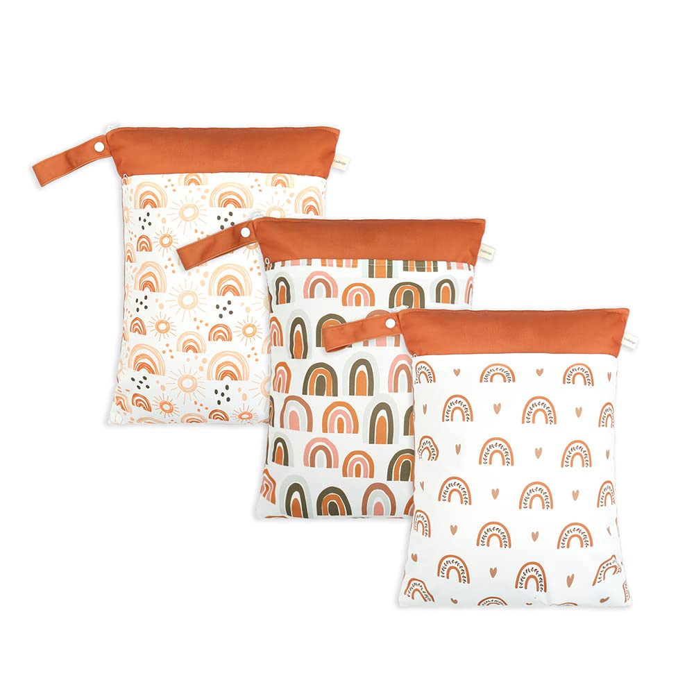 Waterproof Wet Dry Bags for Baby Cloth Diapers - Reusable Washable Travel Storage Bags for Gym, Pool, Daycare & Yoga | 3-Piece Set with Heart & Rainbow Patterns | Perfect for Swimsuits, Wet Clothes and Soiled Baby Items