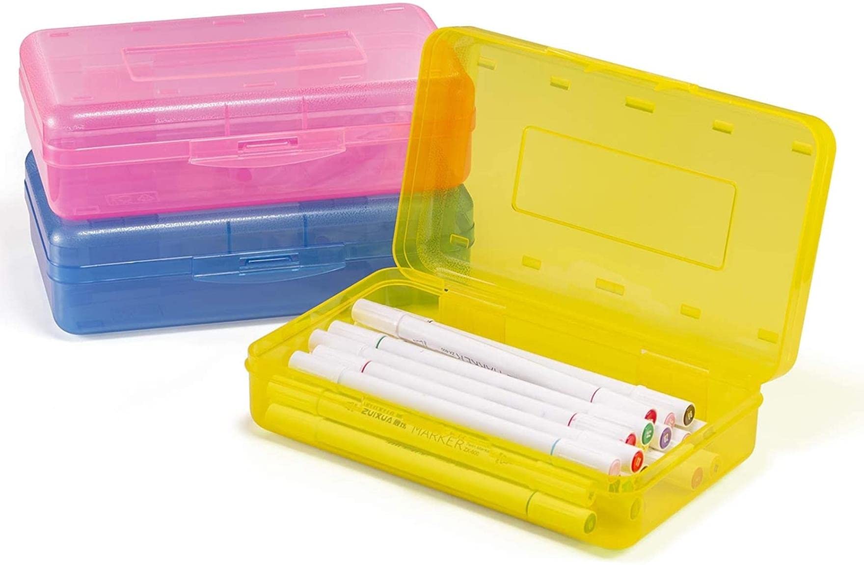 3-Pack Large Capacity Plastic Pencil Box - Durable Hard Case with Stackable Design, Stylish Office & School Supplies Organizer - Perfect for Students, Artists & Office Organization