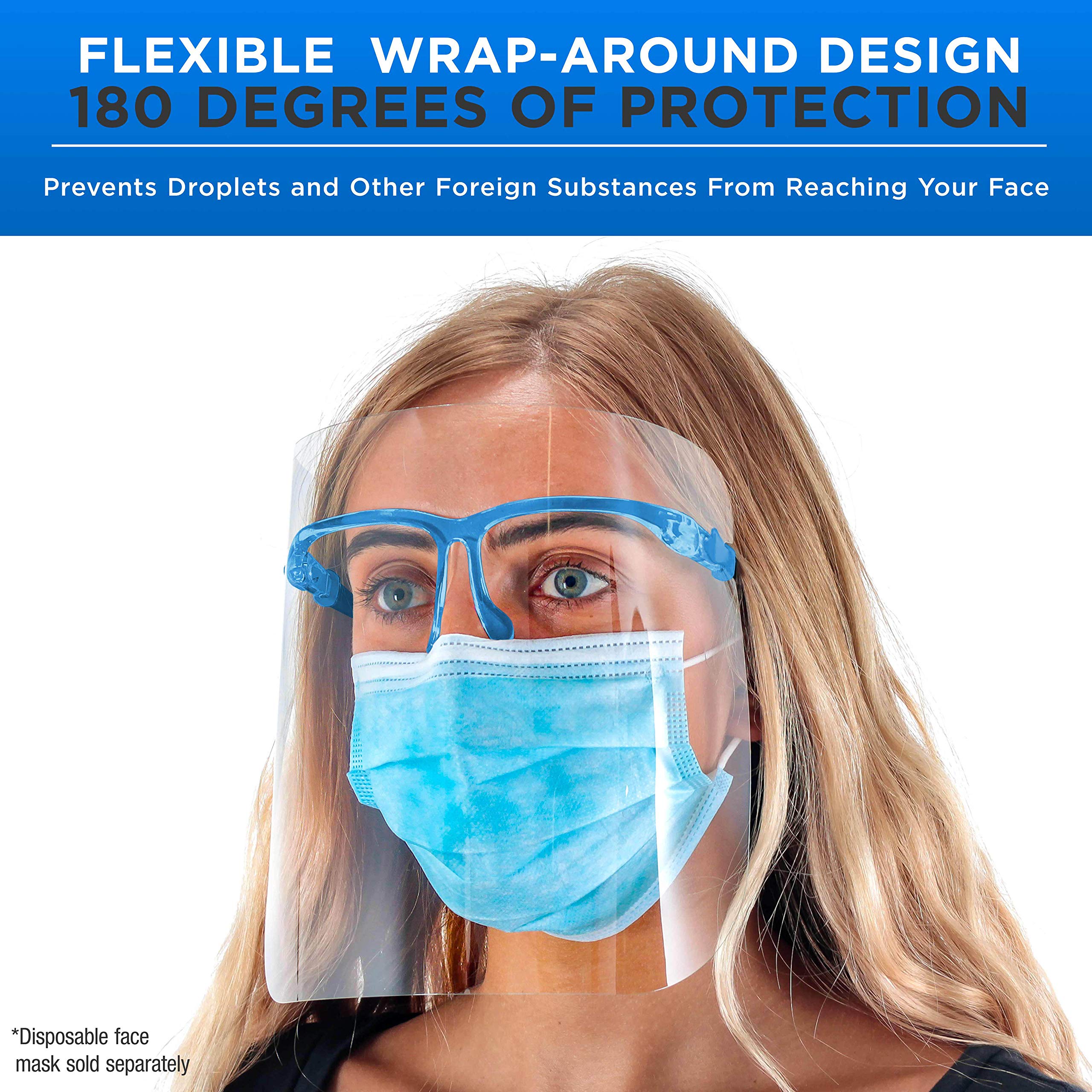 TCP Global Salon World Safety Face Shields with Blue Glasses Frames (Case of 200) - Ultra Clear Anti-Fog Protective Full Face Shield for Eye, Nose & Mouth Protection - PET Plastic Safety Goggles for Hair Salons, Medical Clinics & Food Service Workers
