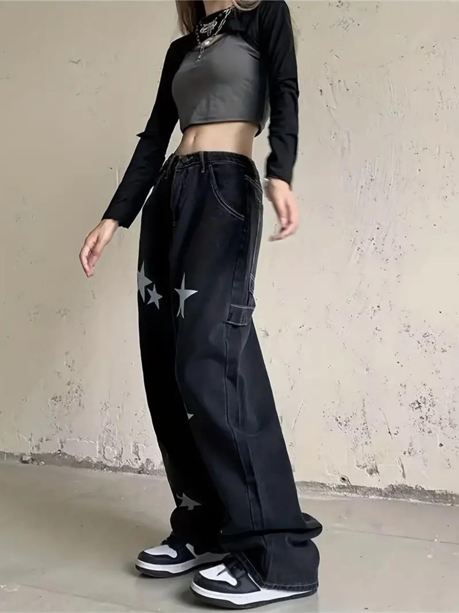 Y2K Star Graphic Goth Jeans - High Waisted Straight Leg Denim Pants for Women | Retro Streetwear Fashion for Concerts, Parties & Casual Outfits