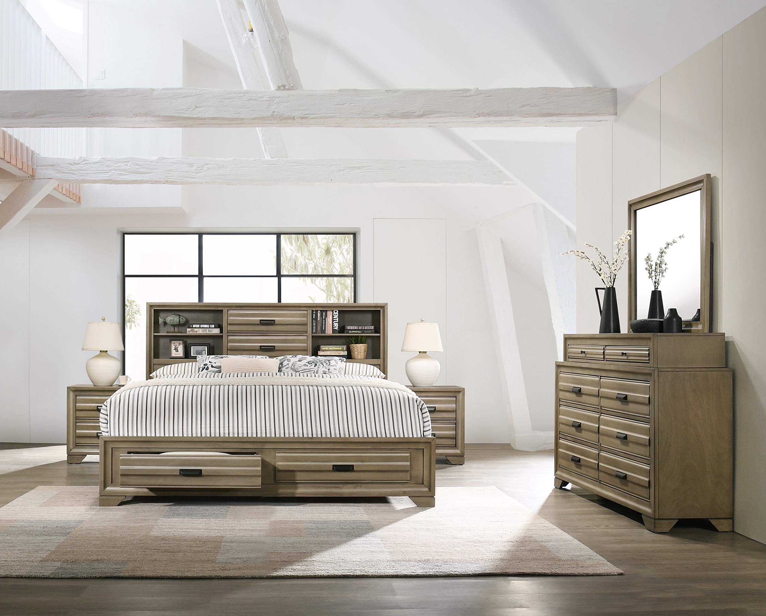 Roundhill Furniture Loiret Wood Storage Platform King Bedroom Set with Dresser, Mirror & 2 Nightstands in Light Gray - Modern Bedroom Furniture for Master Suite & Guest Room
