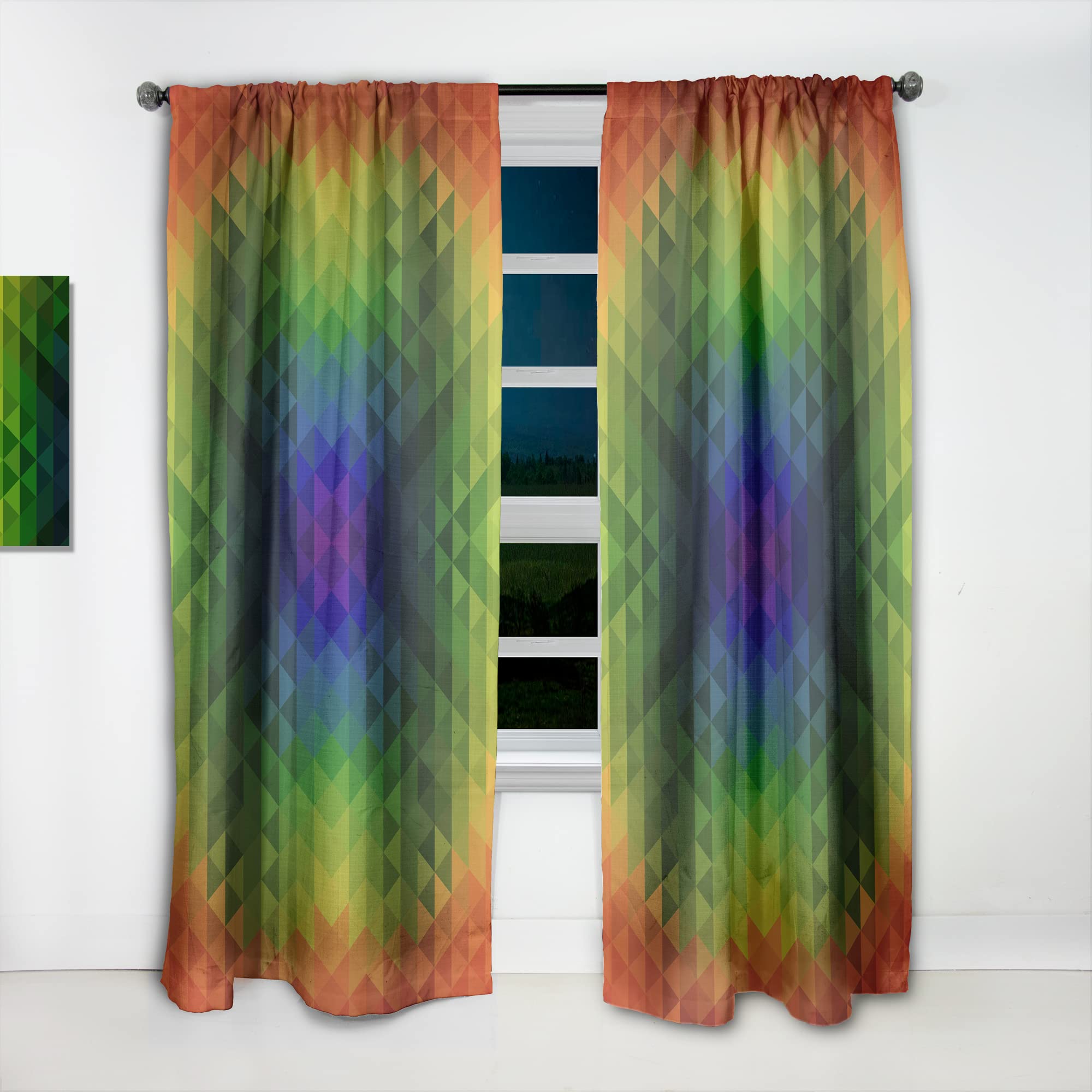 DesignQ Geometric Pattern Curtains - Orange, Green & Blue Triangle Print - Thermal Insulated Single Panel Window Drapes (52x84 inches) for Bedroom & Living Room - Perfect for Modern Home Decor & Sunlight Control