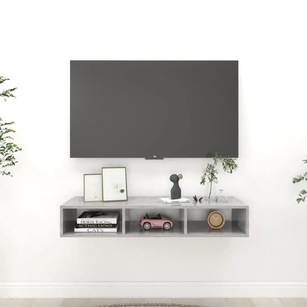 2 Tier Floating Shelves Wall Mounted - 3 Compartment Storage Shelves for Bedroom & Living Room - Easy Install Display Shelves for TV Cabinet - Concrete Grey - Perfect for Home Decor & Organization